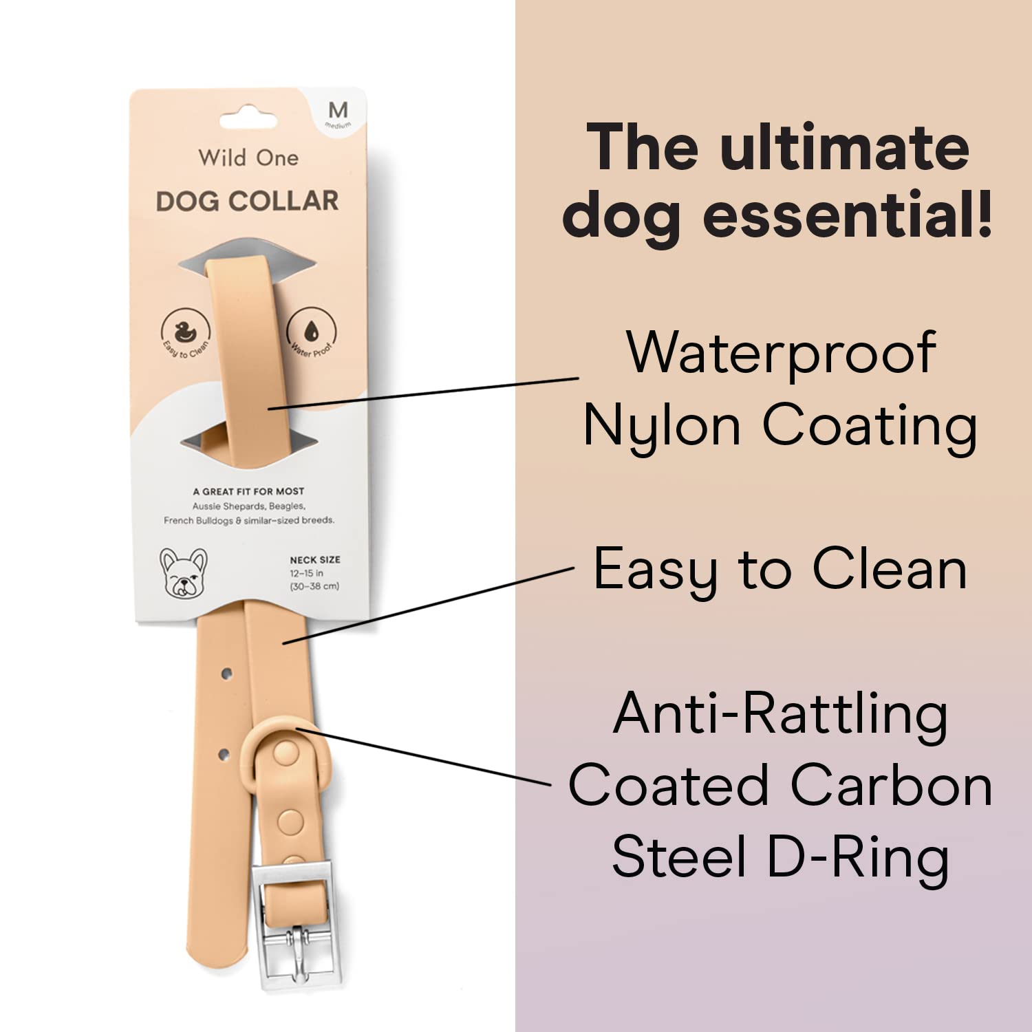 Wild One Dog Collar - Original Easy-Clean All-Weather Flex-Poly Strap with Metal Hardware | Durable, Dirt & Odor Resistant | XS Size in Tan | Perfect for Outdoor Adventures & Daily Walks