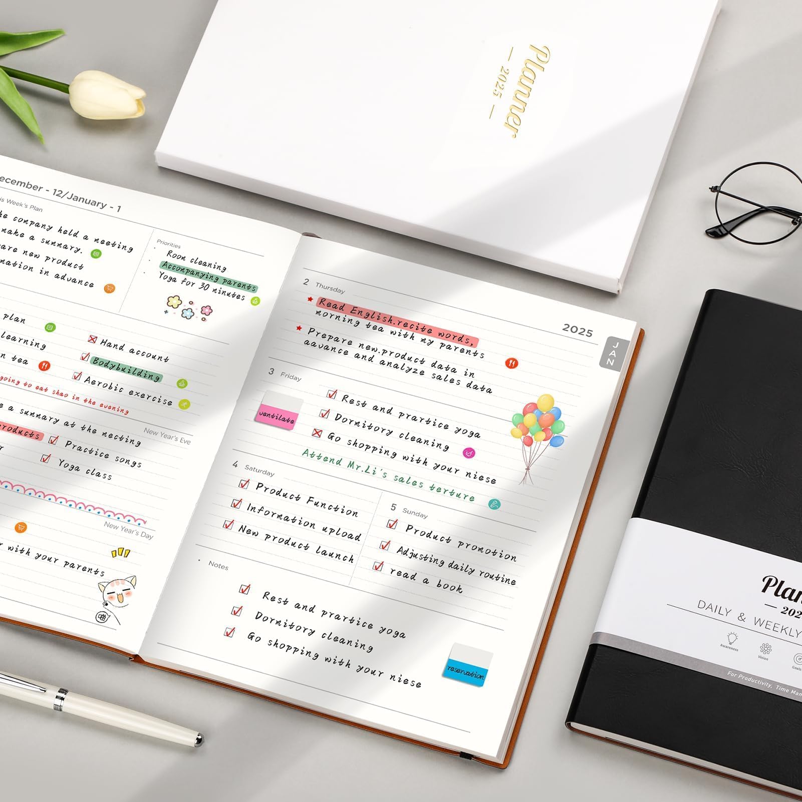 2025-2026 Weekly & Monthly Planner - 15 Month Calendar from Jan 2025 to Mar 2026, A4 Size 8.5x11 Inches with 14 Notes Pages, Vegan Leather Soft Cover & Inner Pocket - Perfect for Work, School & Personal Organization (Black)