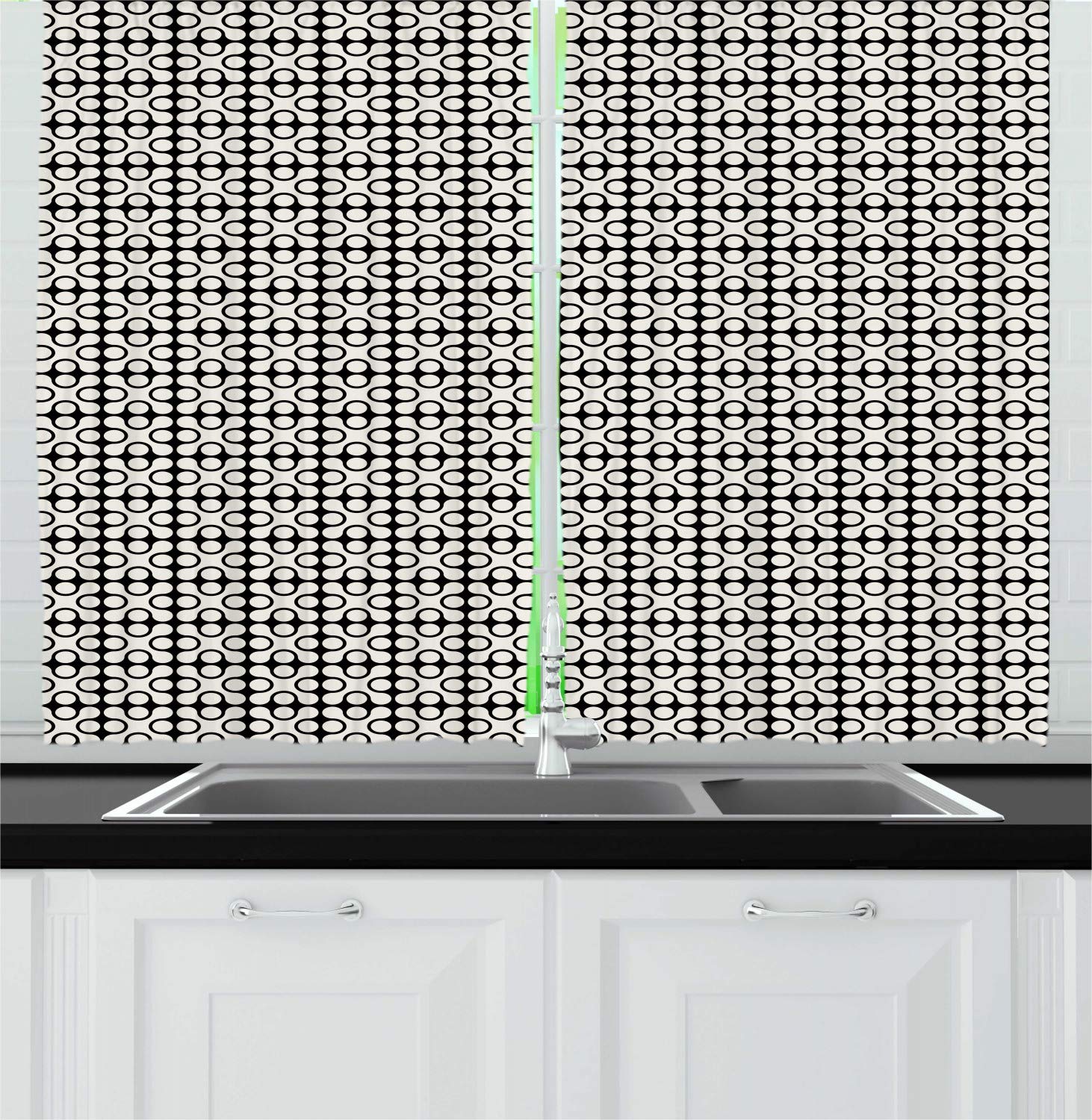 Ambesonne Abstract Kitchen Curtains - Modern Geometric Rounded Squares Pattern in Dark Grey & Eggshell, Symmetric Monochrome Window Drapes, 2 Panel Set (55