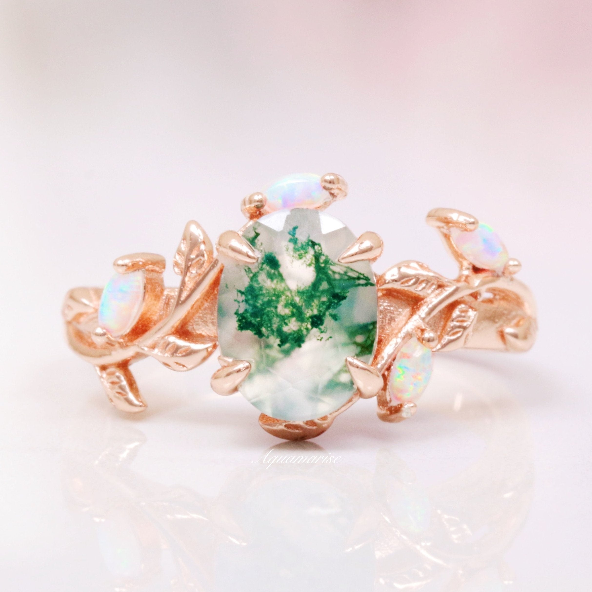 14K Rose Gold Vermeil Green Moss Agate & Opal Leaf Ring - Elegant Nature-Inspired Jewelry for Women, Perfect for Weddings, Parties & Everyday Wear