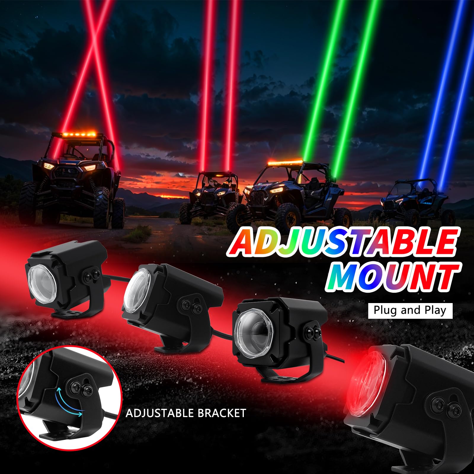 RGBW Auto Spot Beam Pod Whip Light Kit for UTV ATV - 2Pcs with Switch & Remote, 4-Color Whipless LED Light for Polaris RZR, Can Am Maverick X3, Golf Cart & Off-Road Vehicles - Perfect for Night Riding, Trail Adventures & Off-Road Lighting