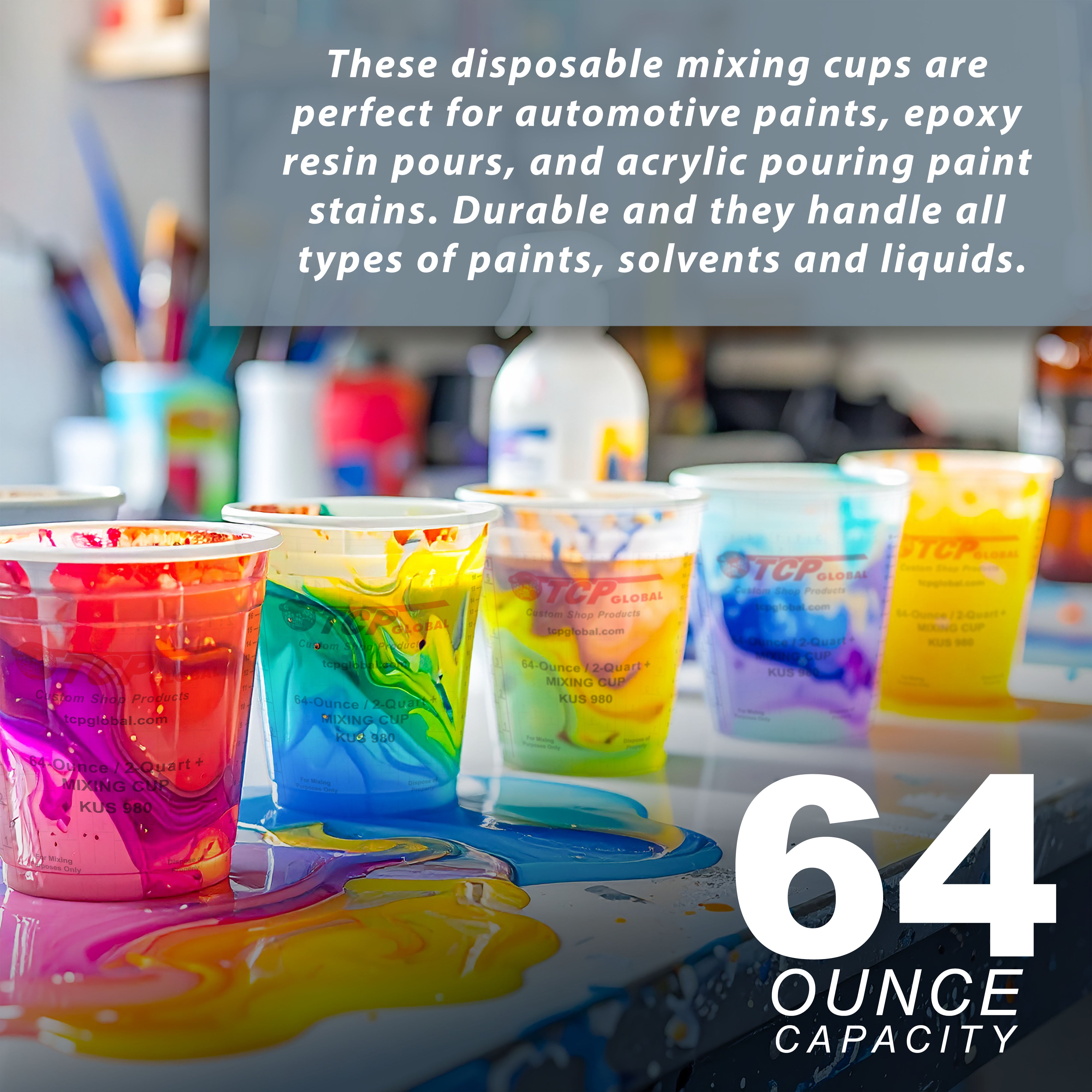 64oz Paint Mixing Cups (36 Pack) - Plastic Measuring Cups for Liquids, Automotive Painting, Epoxy Resin, Acrylic Arts & Crafts - Disposable/Reusable Graduated Containers with Mixing Ratios - Perfect for DIY Projects, Home Renovation & Professional Workshops