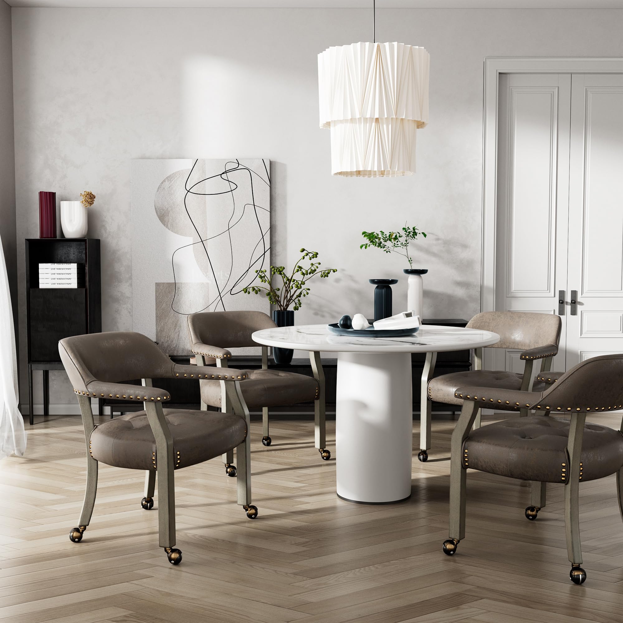 Dark Brown High Back Rolling Dining Chair with Casters - Ergonomic Captain's Chair for Kitchen Table, Dinette Sets & Poker Games | Wheeled Office & Home Furniture