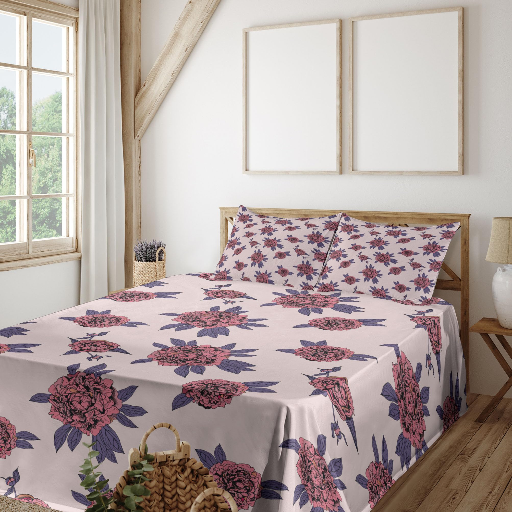 Ambesonne Floral Sheet Set - Vintage Peony Flowers with Leaves Continuous Pattern, 4-Piece King Size Bedding Set (Fitted Sheet, Flat Sheet, 2 Pillowcases) in Blush Pale Eggplant - Perfect for Master Bedroom, Guest Room & Cozy Home Decor