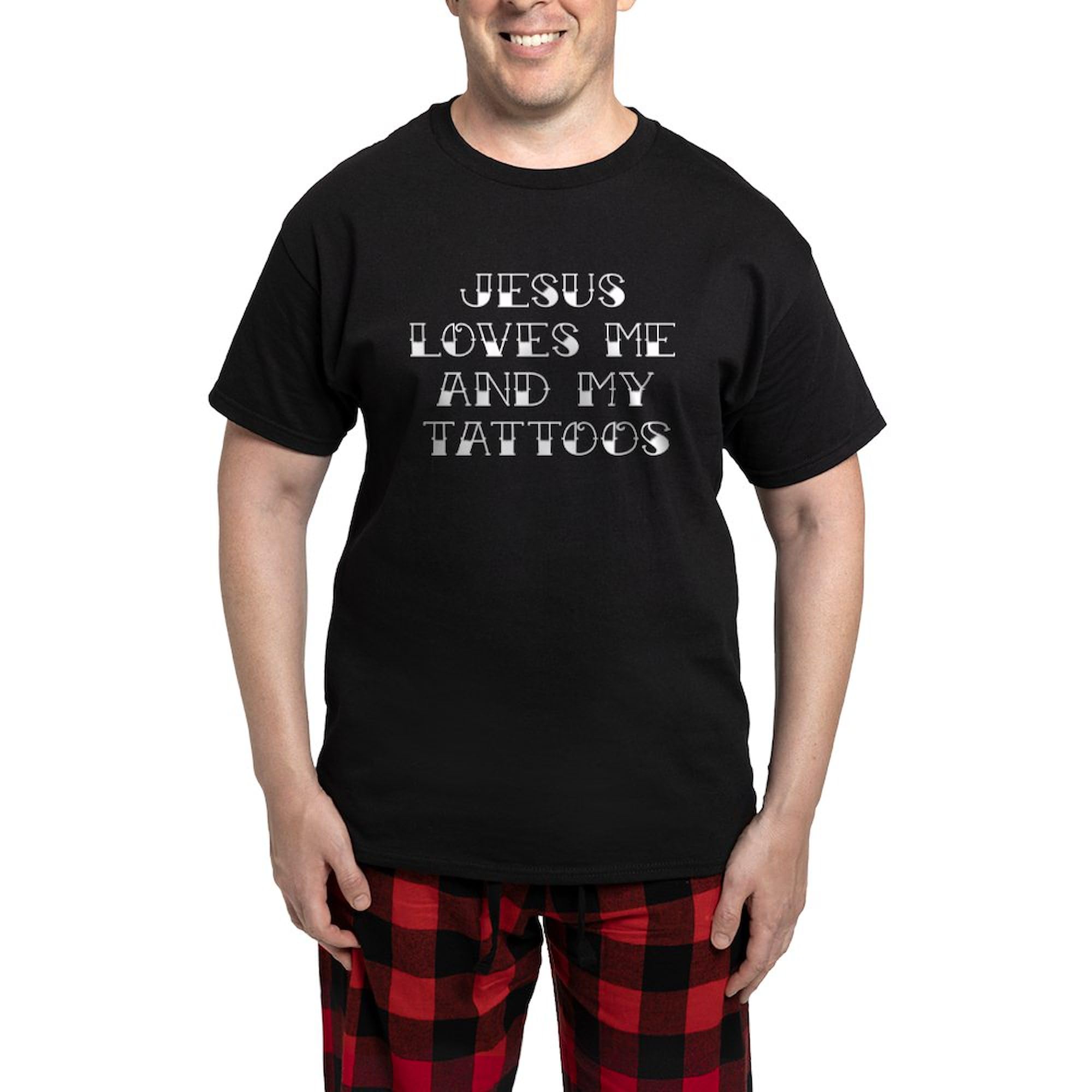 Jesus Loves Me And My Tattoos Men's Dark Pajama Set - Comfortable Novelty Sleepwear for Men - Perfect for Relaxing at Home, Lounging & Gift Giving