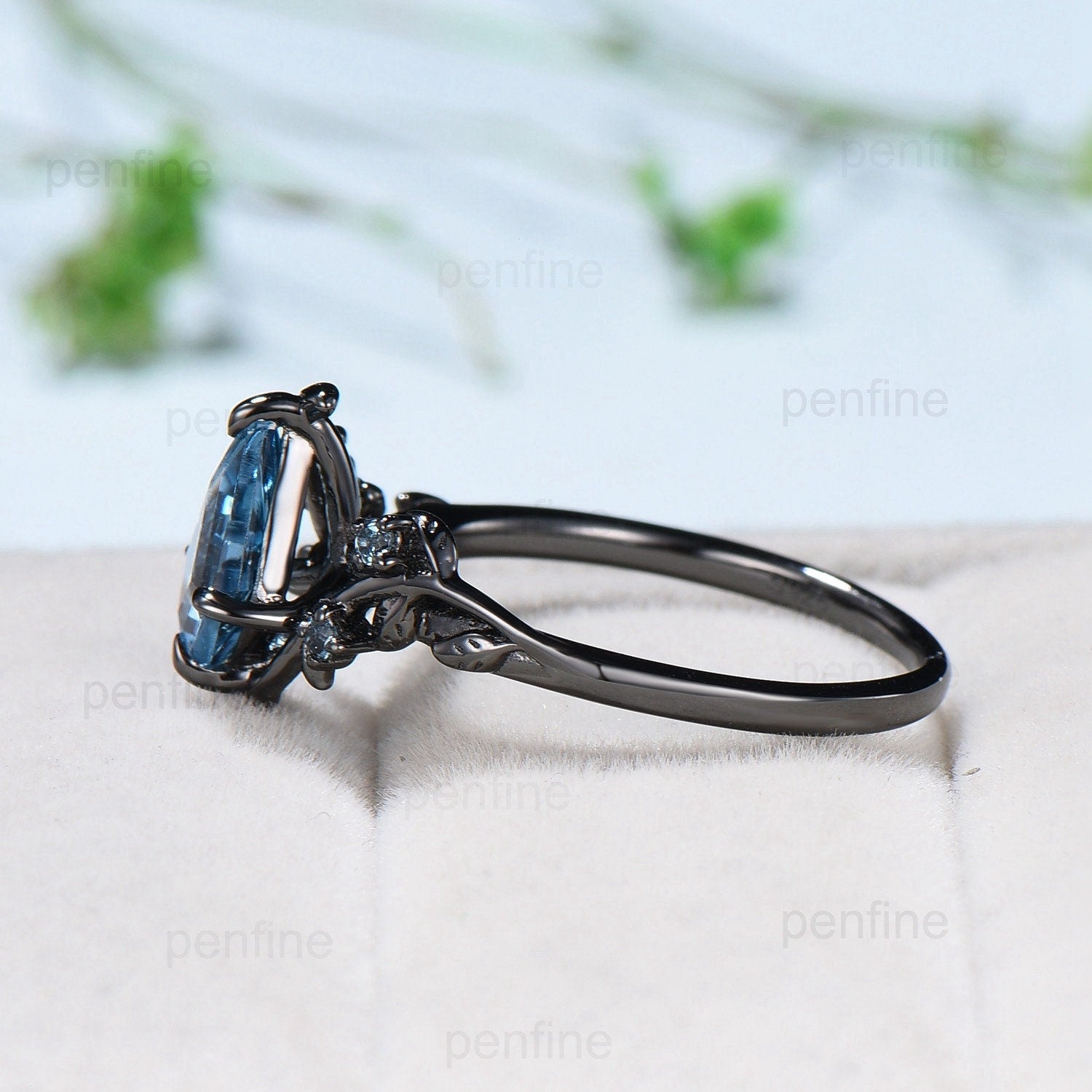 1 Carat Black Gold Lab-Created Paraíba Ring - Vintage Kite Cut Leaf Vine Design - Natural Inspired Engagement Ring with London Blue Topaz - Perfect Wedding Anniversary Gift for Her - Ideal for Proposals, Romantic Occasions and Special Celebrations