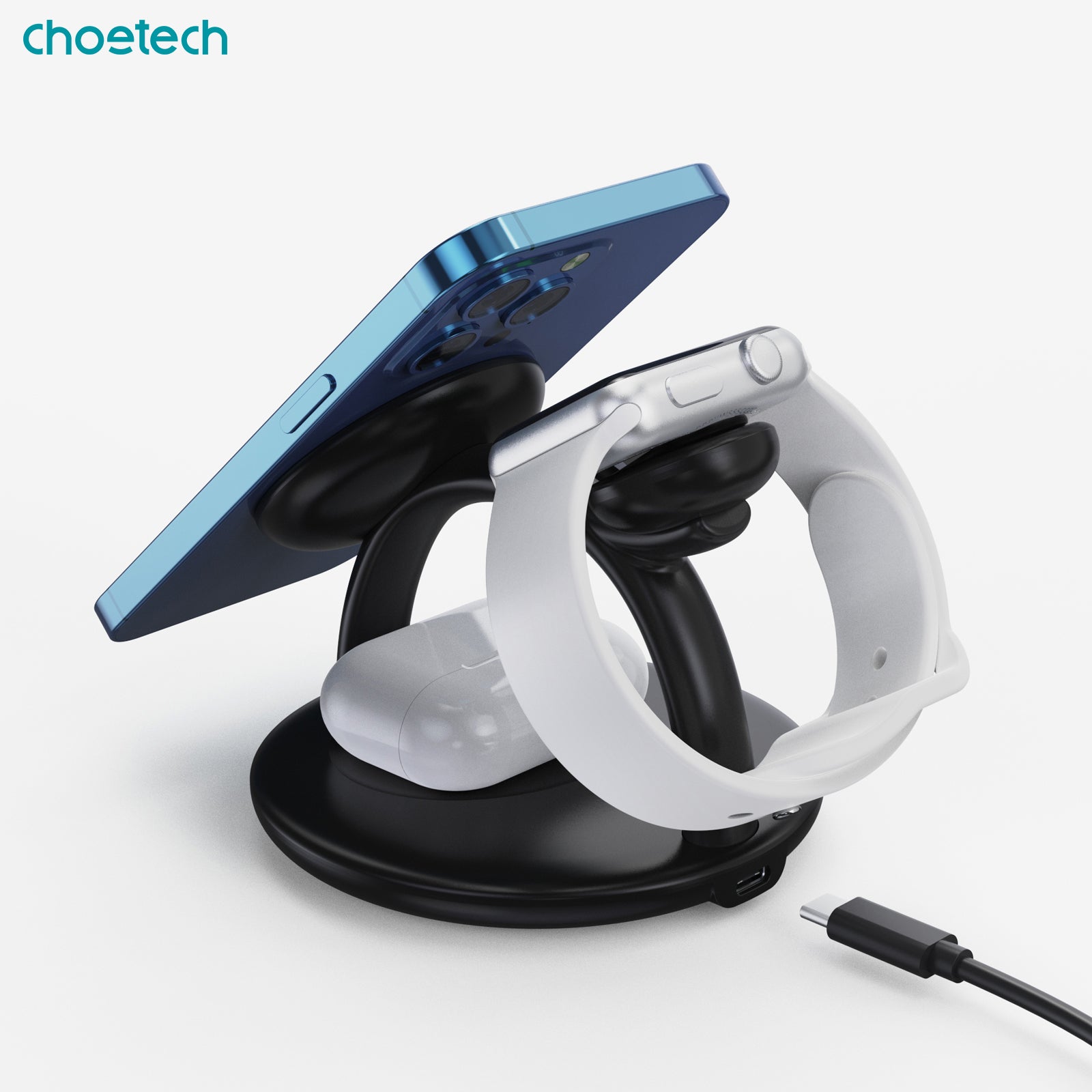 CHOETECH T587-F 3-in-1 Magnetic Wireless Charger Stand - 15W Fast Charging for iPhone 12/13/14/15, AirPods, Apple Watch | Stable Magnetic Alignment | Triple Device Charging Station | Perfect for Home, Office & Nightstand Use