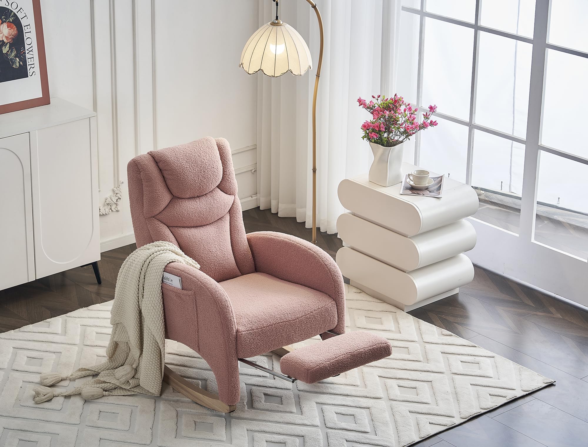 Hommoo Modern Teddy Fabric Rocking Chair with Adjustable Footrest - High Back Nursery Glider Rocker for Mom and Baby, Pink - Perfect for Nursery, Living Room & Bedroom Relaxation