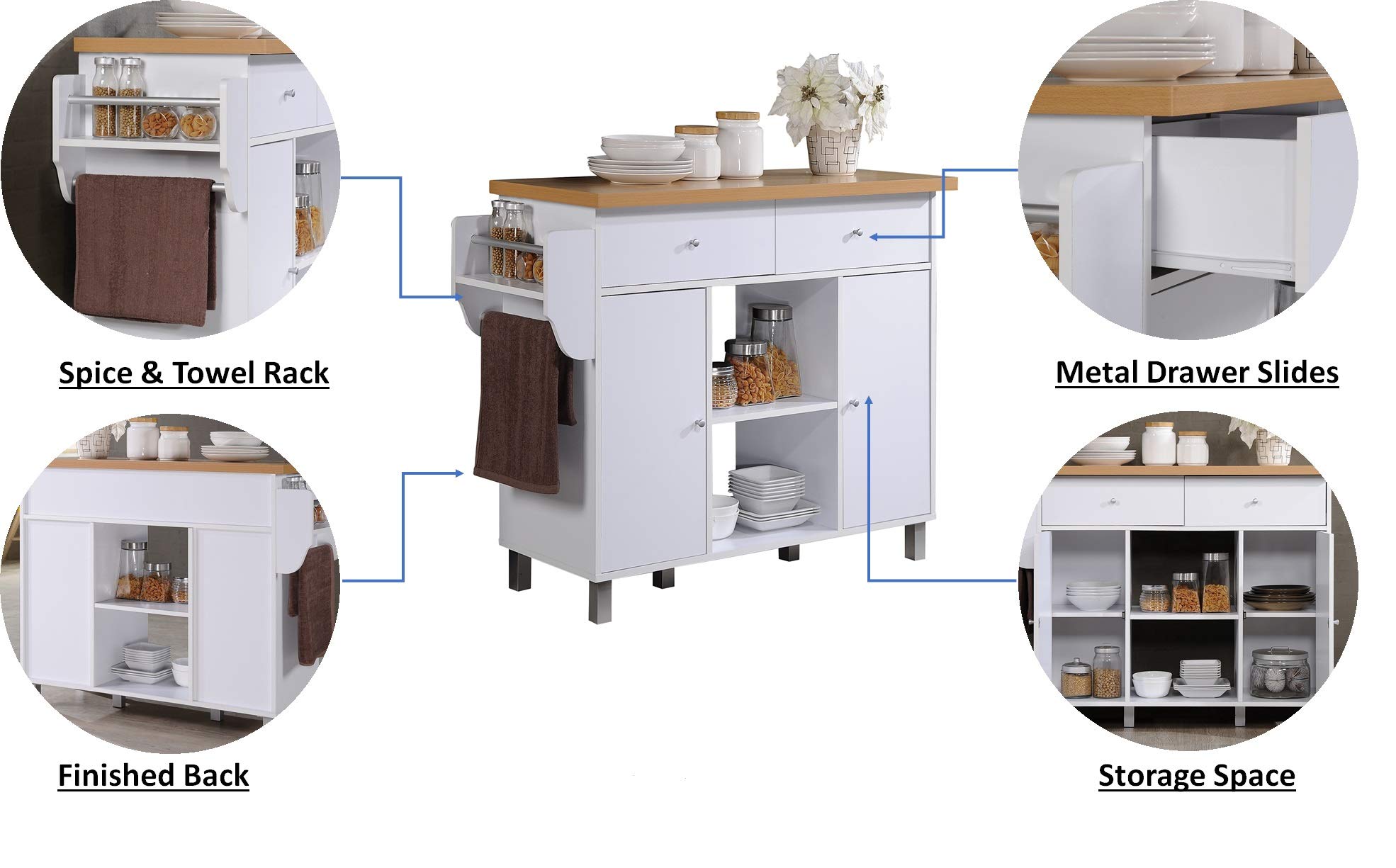 Hodedah Import Kitchen Island with Spice Rack & Towel Rack - White Wooden Storage Cabinet for Small Spaces, Perfect for Apartments and Compact Kitchens