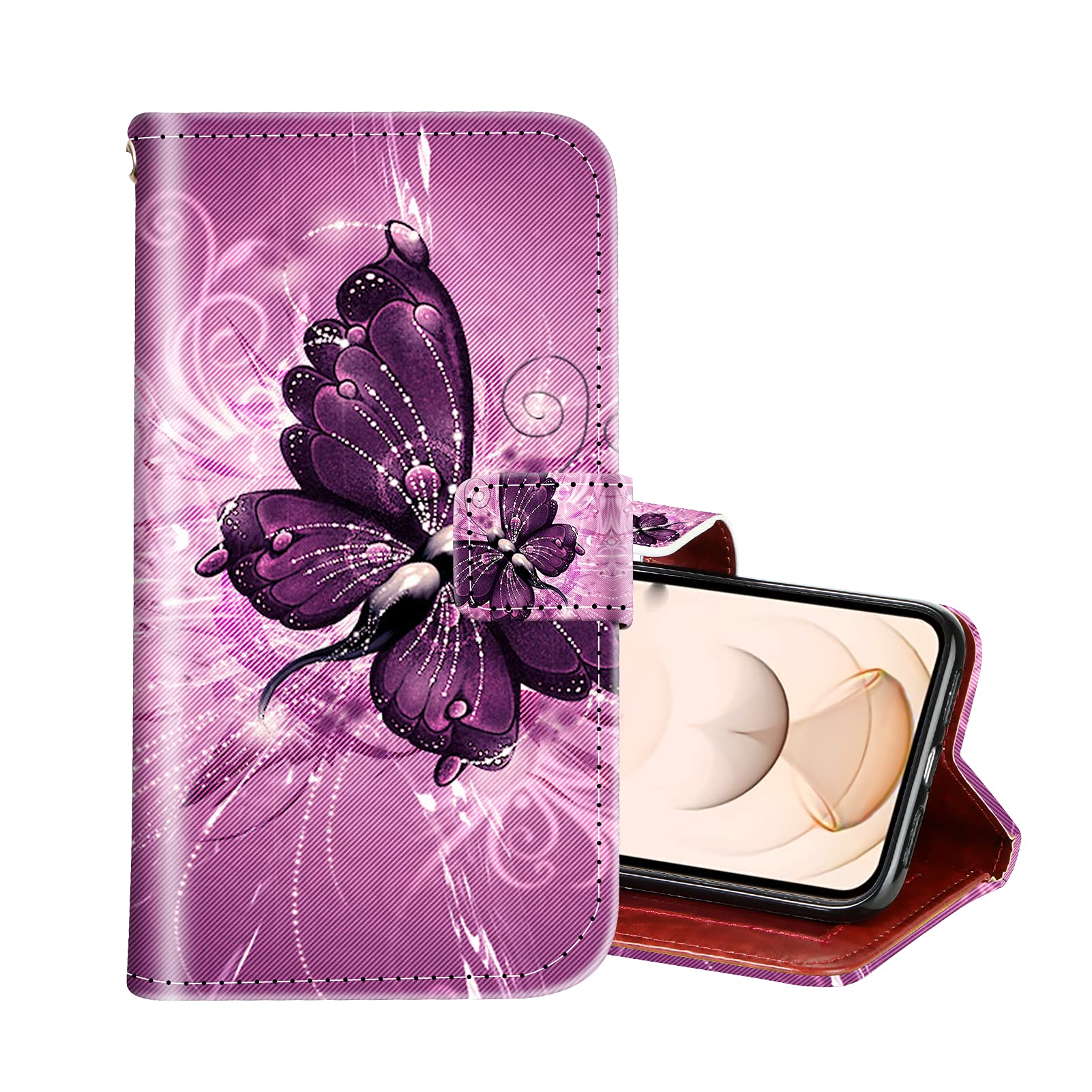 OOK iPhone 13 Pro Max Wallet Case - Leather Butterfly Design for Women & Girls, Protective Cover with Kickstand & Card Slots (6.7 inches, Purple) - Perfect for Daily Use, Travel, and Hands-Free Viewing