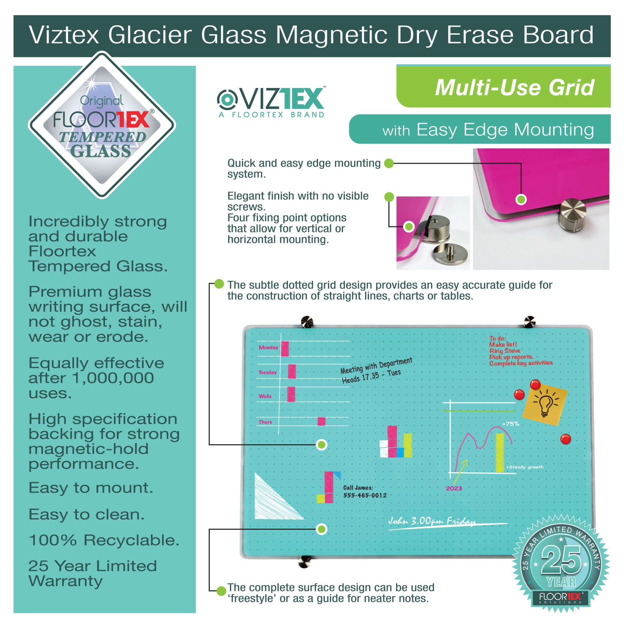 Floortex Viztex Glacier White Dry Erase Board 30x40 Inch - Multi-Purpose Grid Glass Whiteboard for Office, Classroom & Home Use - Perfect for Presentations, Teaching & Planning