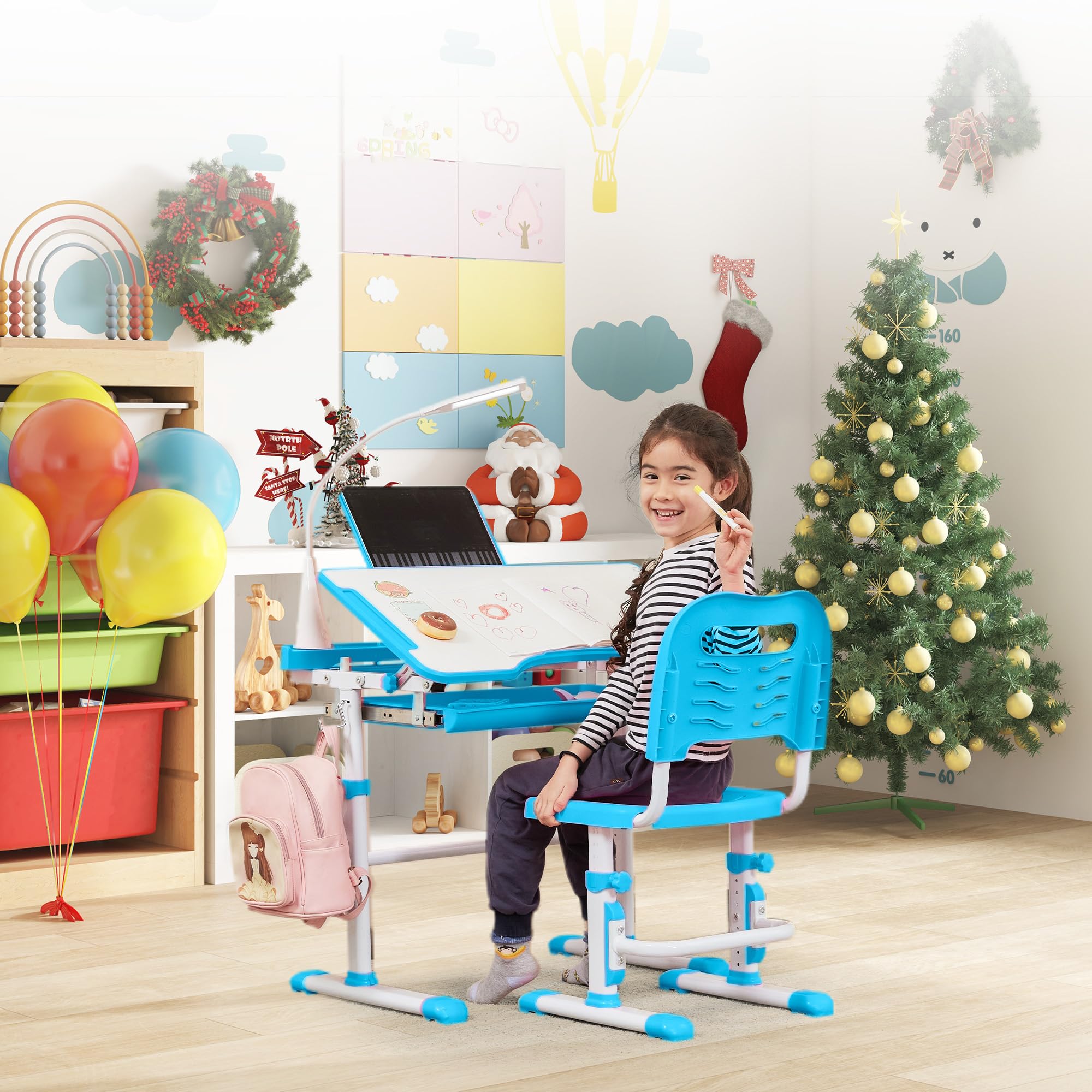 Real Relax Kids Desk and Chair Set - Adjustable Height Study Table with Storage, Ergonomic Children's Learning Workstation for Home & School (Blue) - Perfect for Homework, Drawing & Online Classes