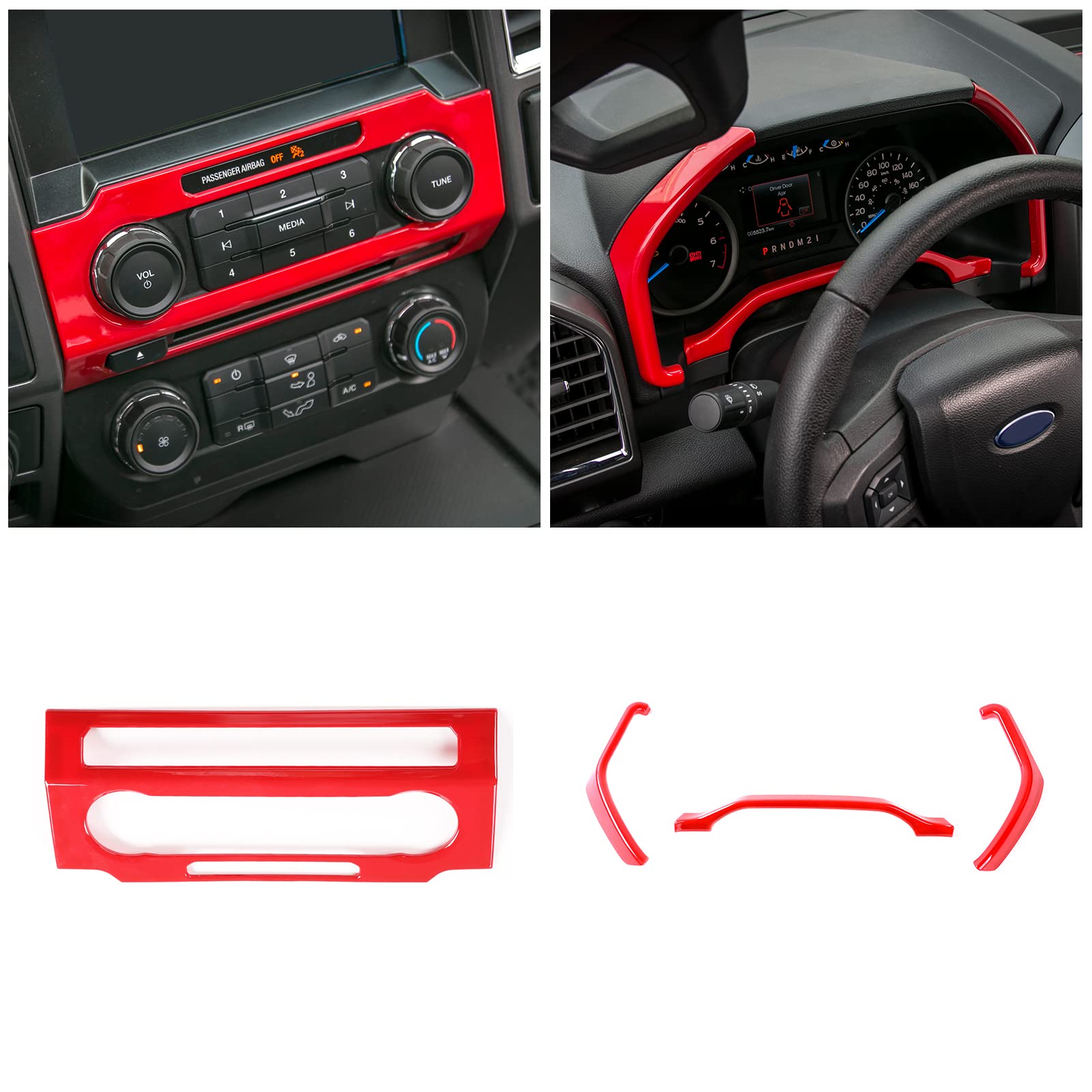 JeCar 11PCS Red Interior Trim Kit for Ford F150 2015-2020 - Steering Wheel, Dashboard & AC Vent Covers - Premium Car Accessories for Customization & Protection