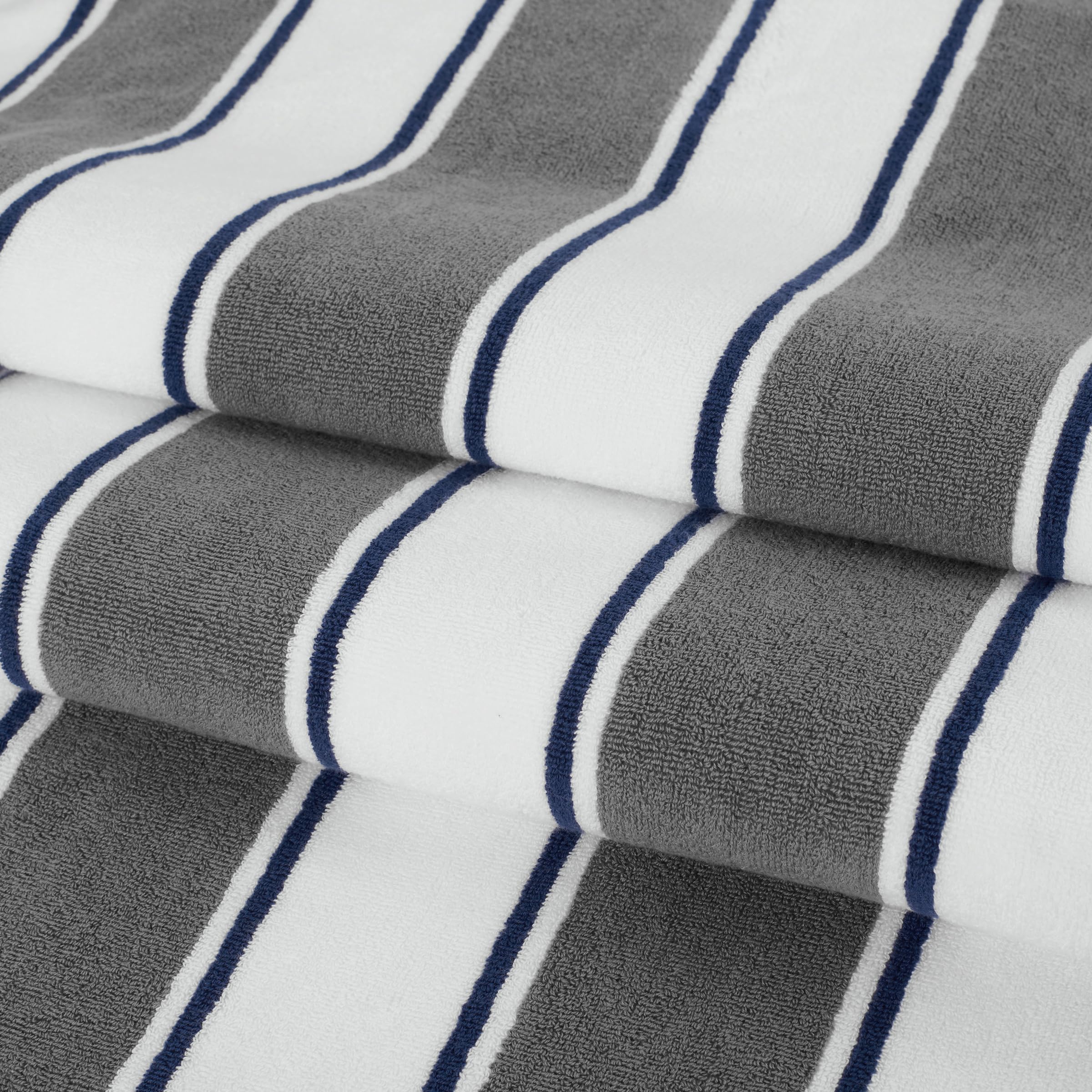 Aston & Arden Striped Beach Towel - Oversized 35x70 Inch Soft Plush Thick Cotton, 600 GSM Heavy & Luxury Bath Towel for Pool, Beach, Resort, Hot Tub, Gym, Yoga - Gray and Navy Blue - Perfect for Summer Vacation, Spa Days and Outdoor Activities