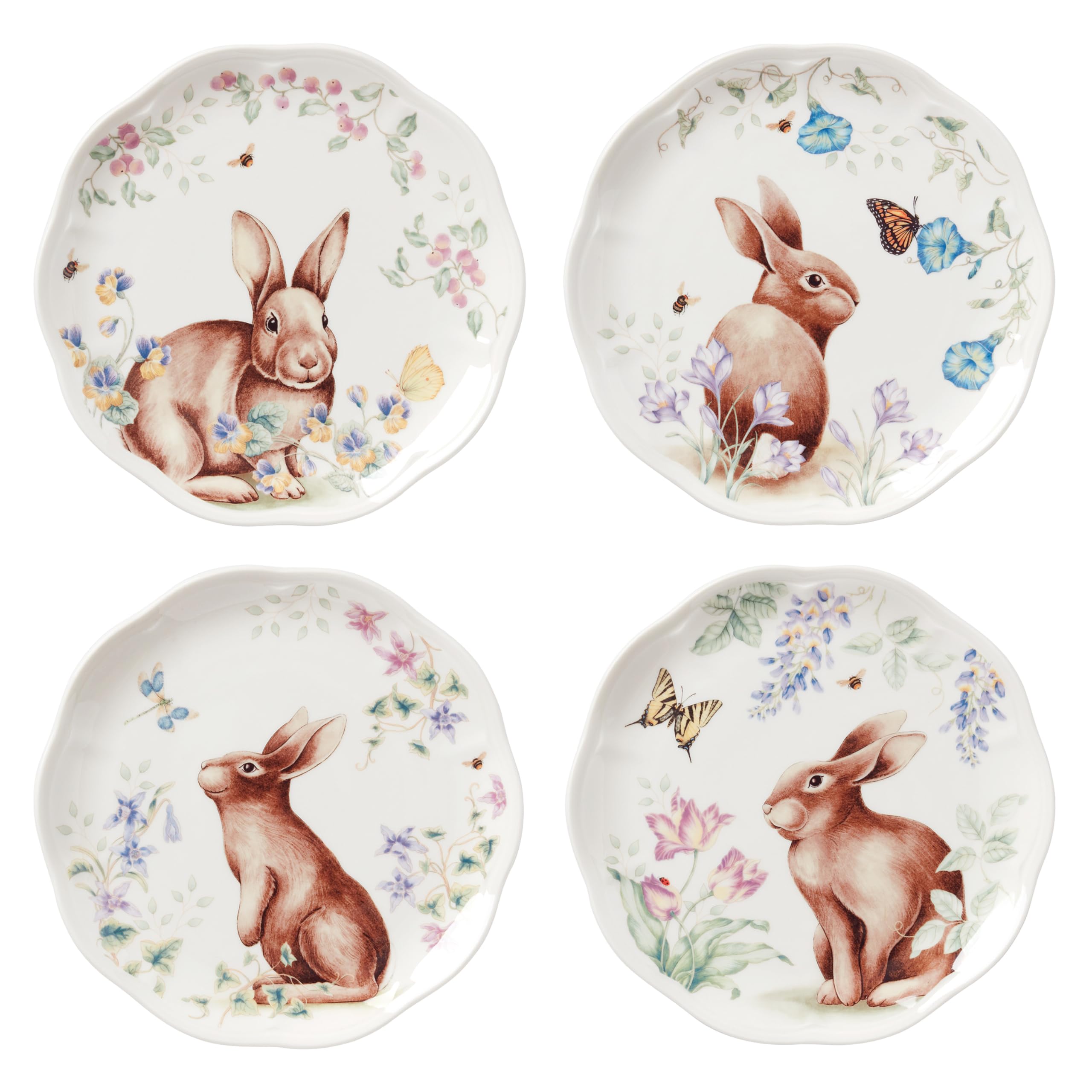 Lenox 893465 Butterfly Meadow Bunny 4-Piece Accent Plate Set - Elegant Floral Dinnerware for Easter, Spring Decor & Special Occasions