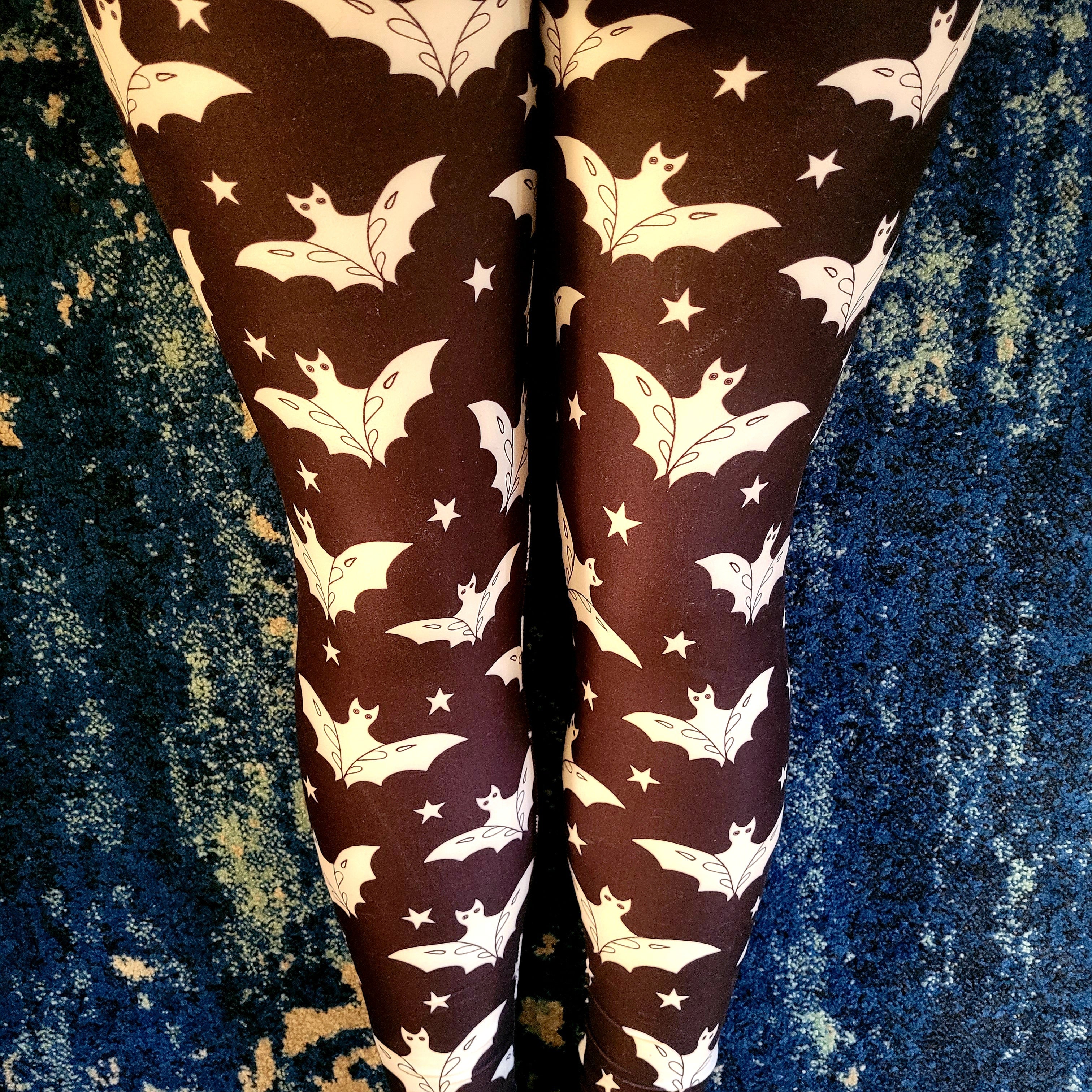 Handcrafted Black & White Bat Print Vibrant Leggings - High Quality Yoga Pants for Women - Perfect for Halloween, Workouts & Casual Wear