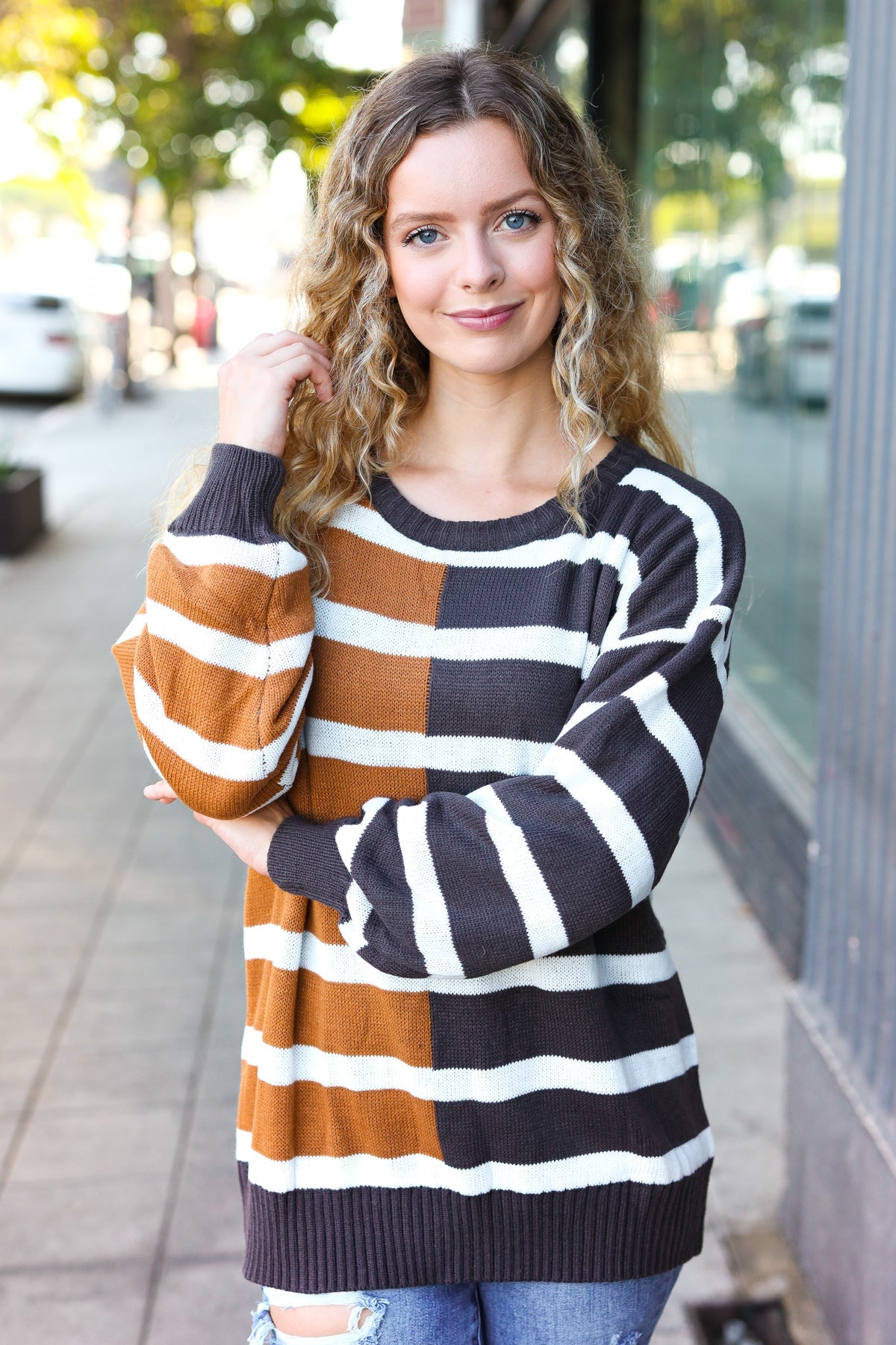 Camel & Charcoal Striped Color Block Sweater for Women | Cozy Knit Pullover | Fall Winter Fashion | Casual Office Wear & Weekend Outfits