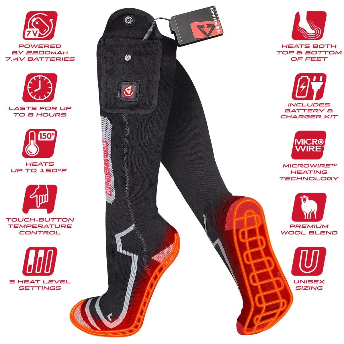 Gerbing 7V Ultimate Wool Heated Socks for Men & Women - Rechargeable Battery-Powered Winter Socks with Touch Control - Warm Thermal Socks for Skiing, Hiking, Hunting & Cold Weather Outdoor Activities