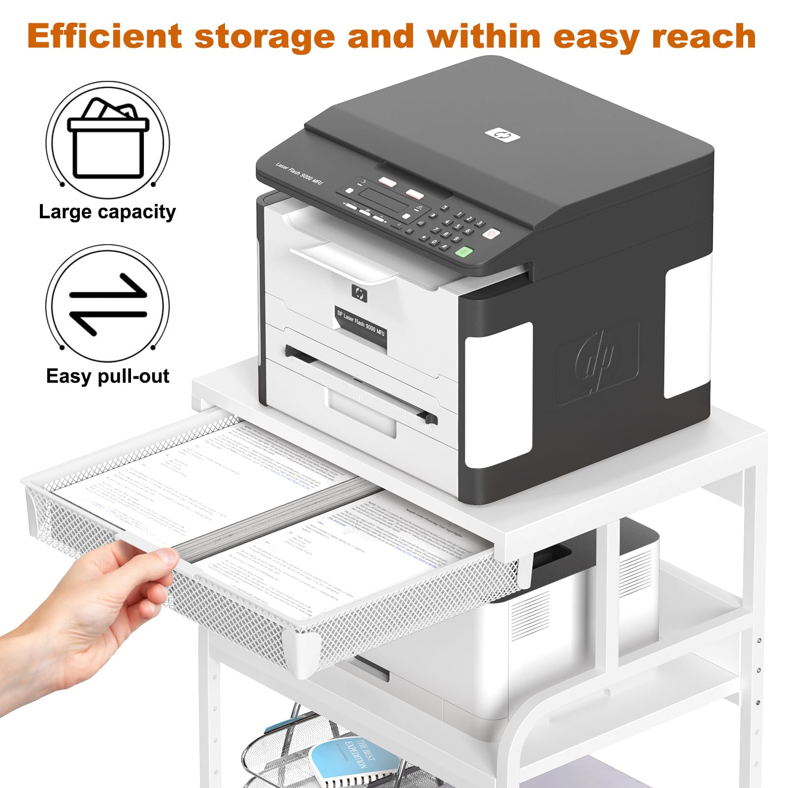 EasyCom 23.6''x18.9'' Extra Large Adjustable Printer Stand with 3 Drawers & Wheels - 5 Height Settings, 3-Tier Rolling Printer Cart for Printer, Scanner, Fax - Perfect for Home Office, Small Business & Workspace Organization