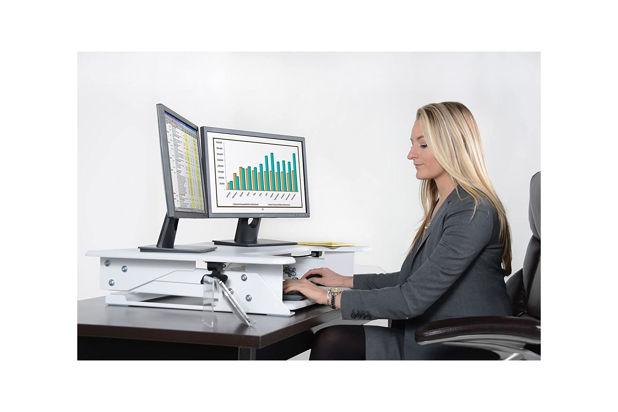 Kantek Adjustable Sit to Stand Desktop Riser - Ergonomic Height Adjustable Monitor Stand for Home & Office (STS900W, White) | Perfect for Dual Monitor Setup & Improving Posture