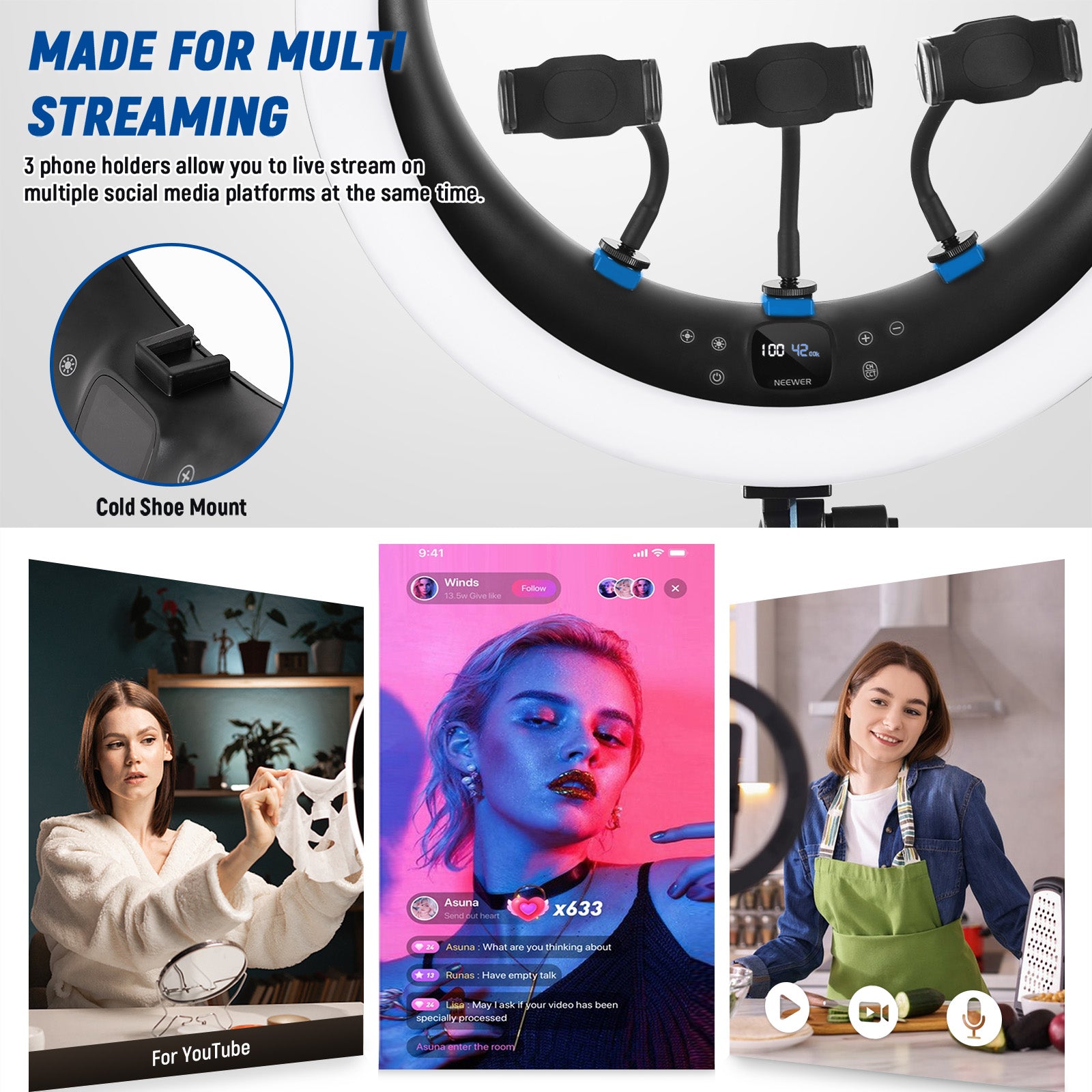 NEEWER RP19H 19-Inch LED Ring Light with 3 Phone Holders - Perfect for YouTube, TikTok, Live Streaming & Photography Studio Lighting