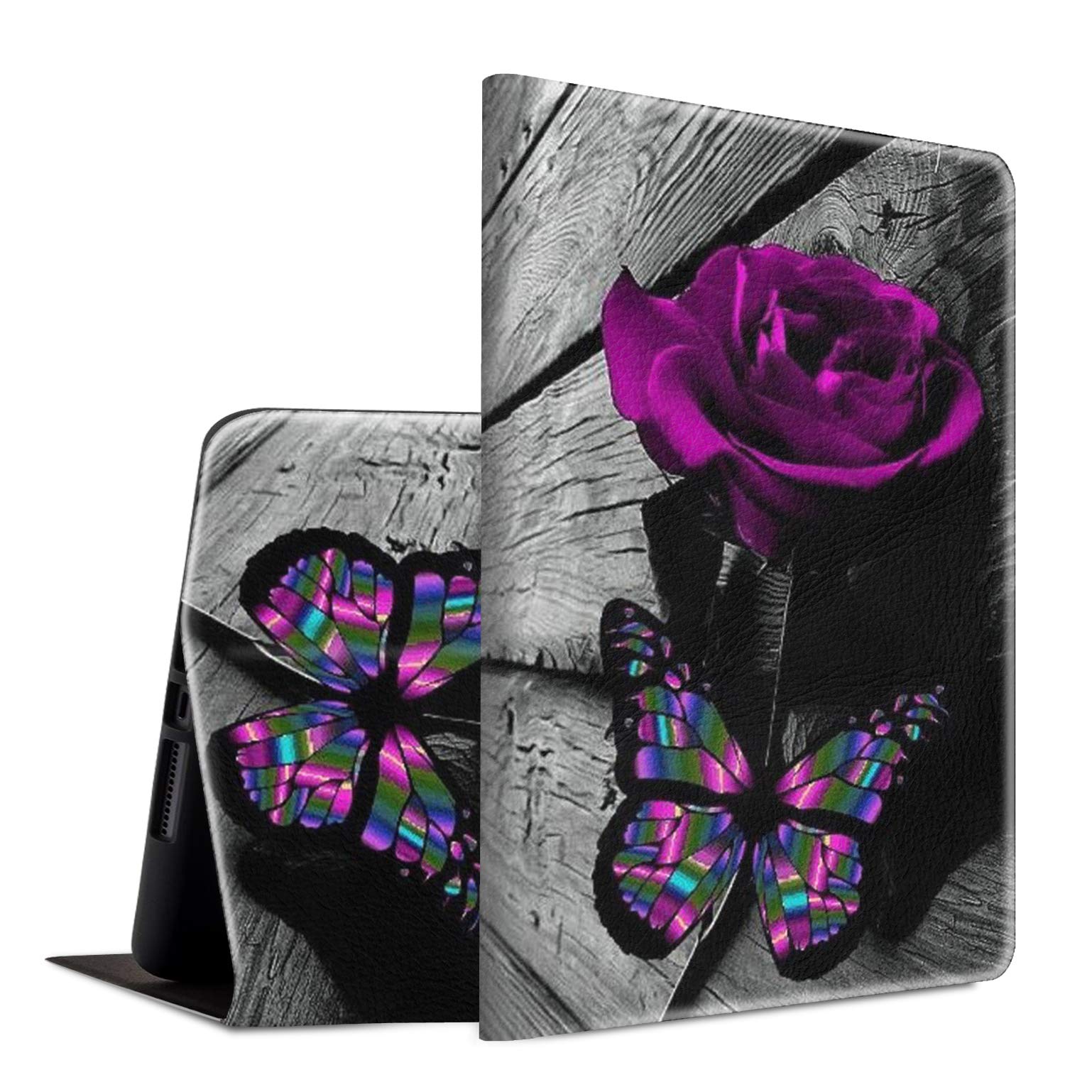 Premium PU Leather Folio Case for iPad 9.7 (2018/2017), iPad Air 2 & iPad Air - Slim Lightweight Smart Cover with Auto Wake/Sleep & Adjustable Stand (Fits iPad 6th/5th Gen) - Purple Rose & Butterfly Design - Perfect for Work, Travel & Home Use