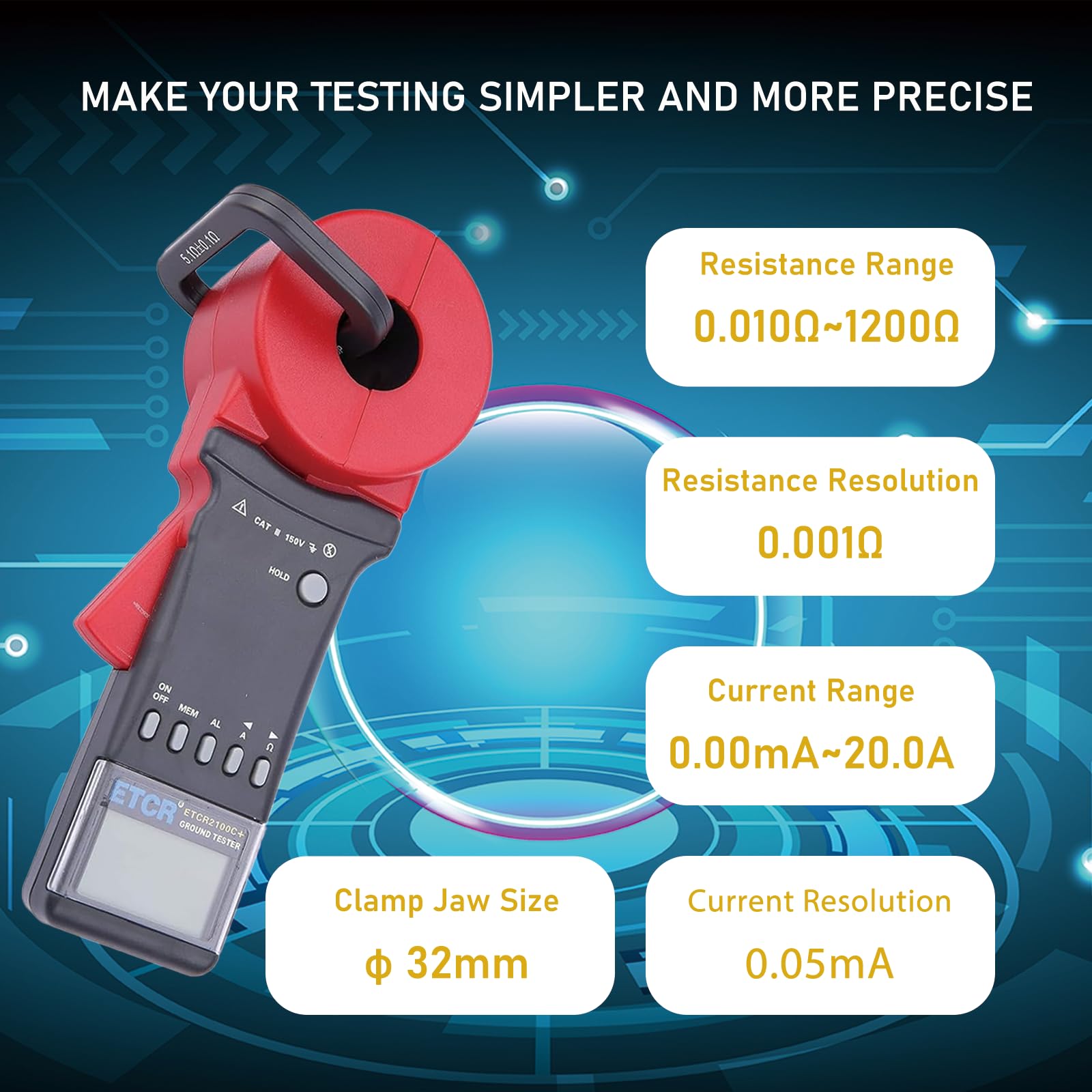 ETCR2100C+ Digital Clamp Ground Earth Resistance Tester Meter (0.01-1200Ω, 0.00mA-20.0A) - Professional Electrical Testing Tool for Industrial Maintenance, Solar Panel Systems & Home Wiring Safety