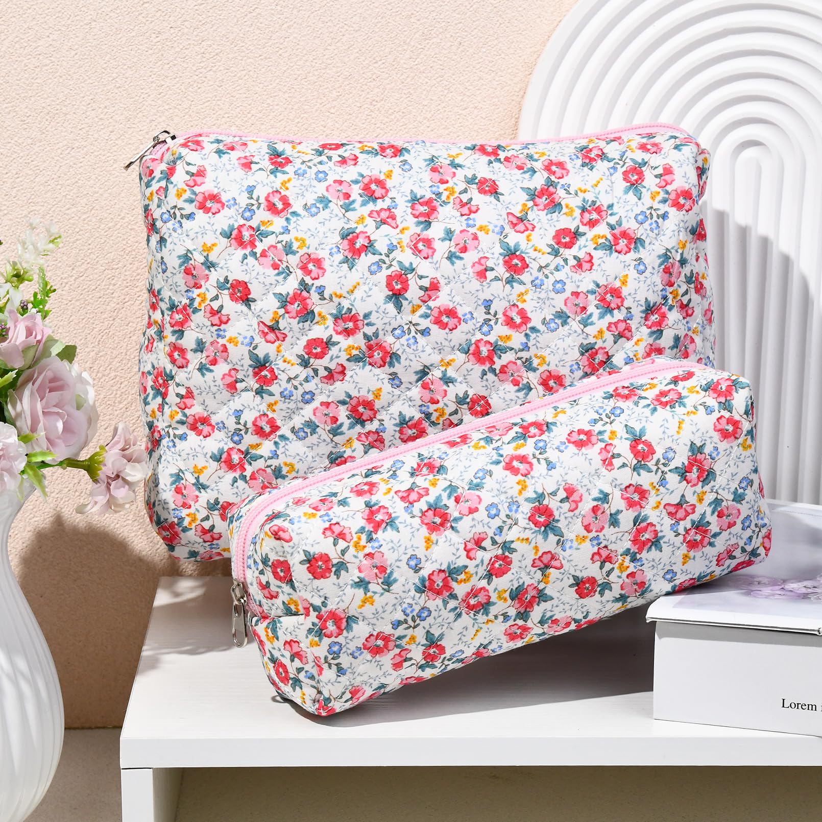 2 Pcs Quilted Floral Cosmetic Bags for Women - Large Cotton Travel Makeup Organizer, Puffer Toiletry Pouch for Girls - Perfect for Travel, Gym & Daily Beauty Essentials Storage
