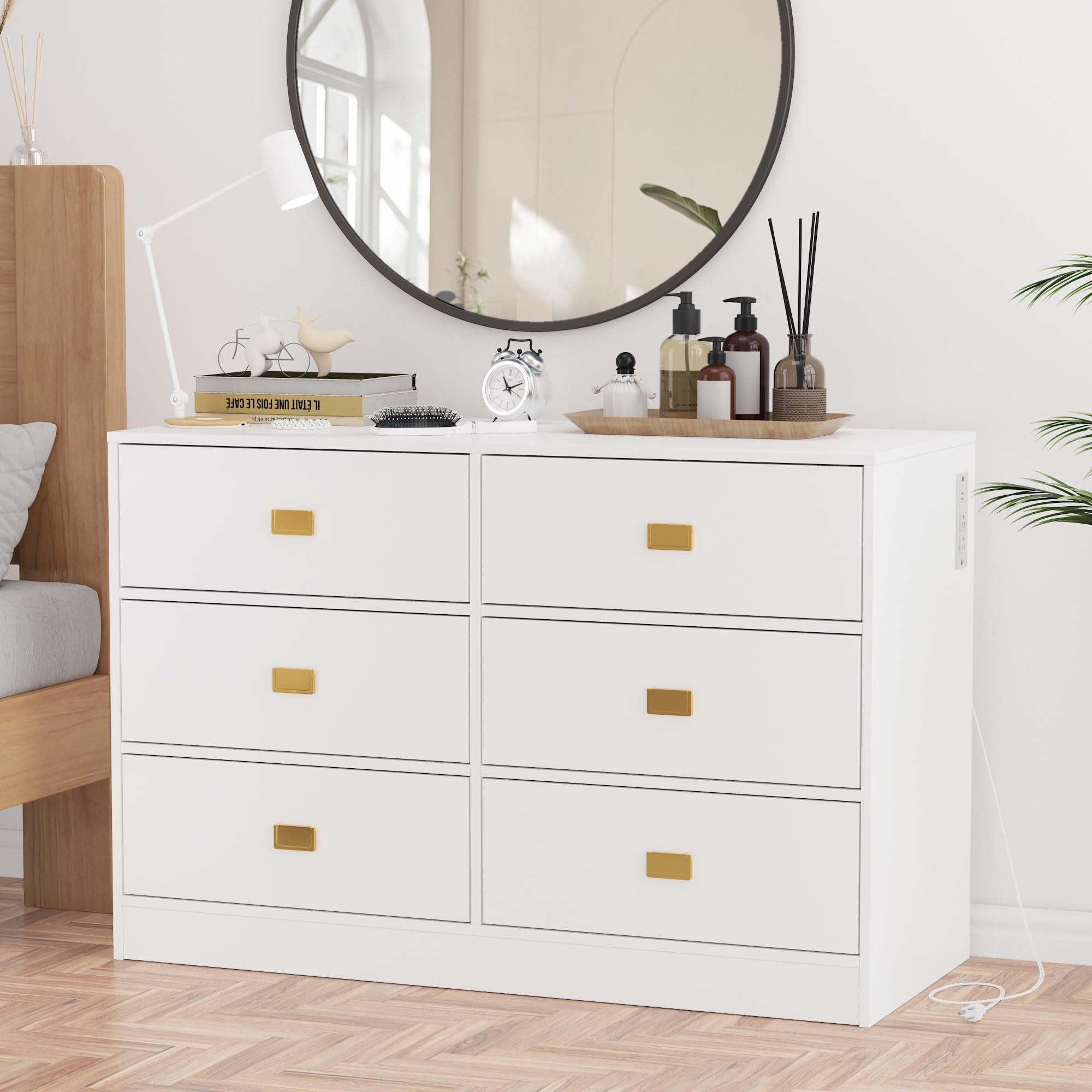 6-Drawer White Dresser for Bedroom with Changing Table Top - Nursery Storage Organizer with Power Outlets & Removable Top - Perfect for Baby Clothes, Diapers & Nursery Organization (White)