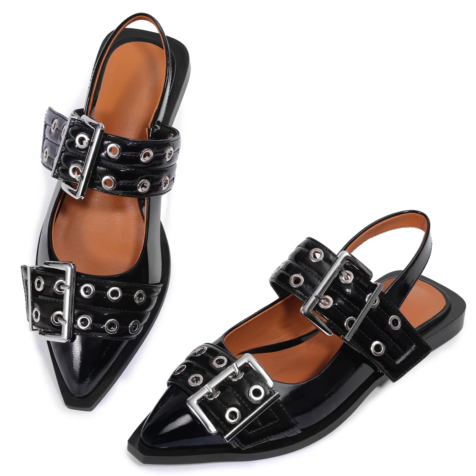 Women's Buckle Ballet Flats - Slingback Pointed Toe Ballerina Shoes with Low Block Heel | Comfortable Casual Dress Flats for Spring, Summer & Fall | Perfect for Office, Dating & Daily Wear