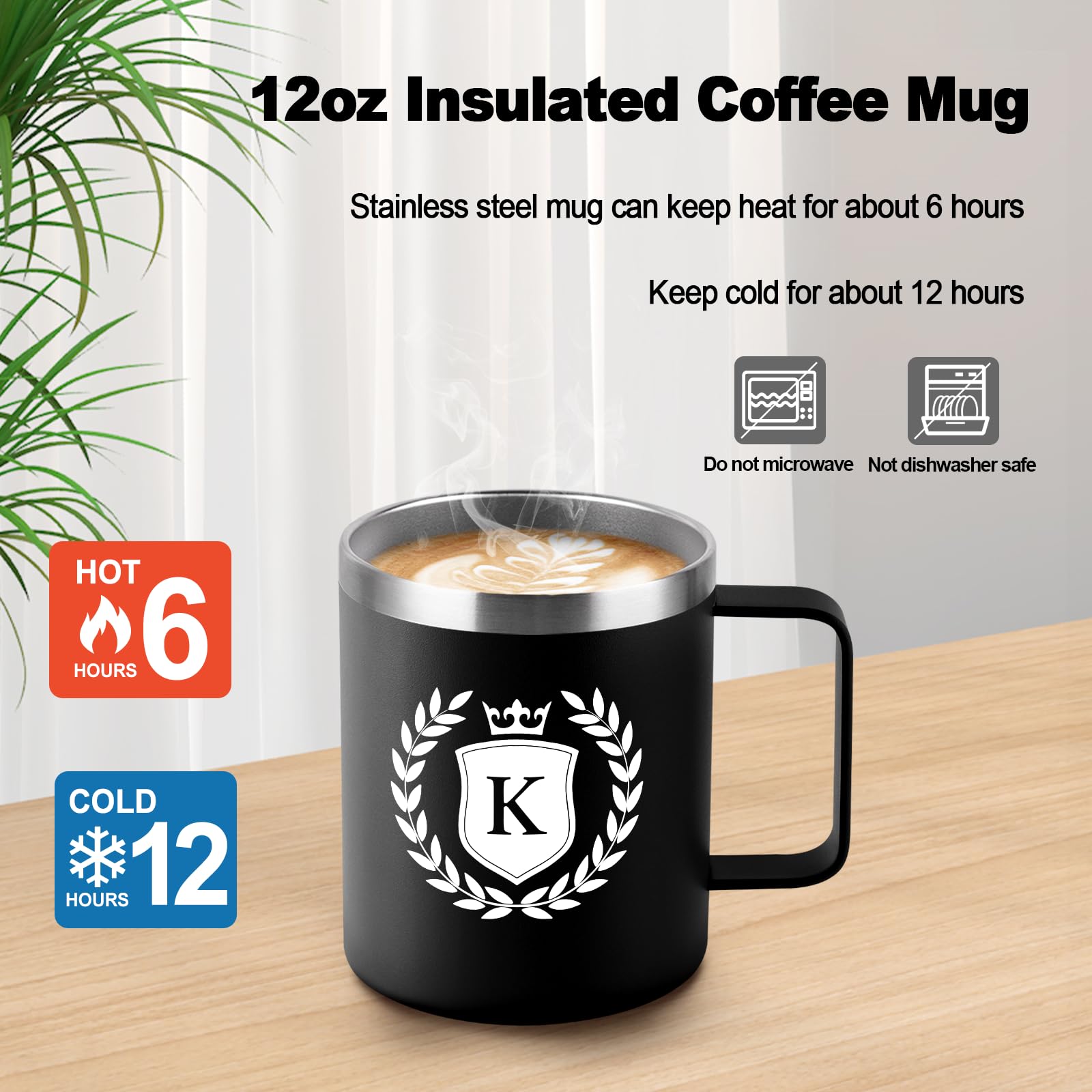 **Personalized Coffee Mug with Initial K - Custom Monogrammed Gifts for Men & Women - 12oz Insulated Travel Mug with Lid - Perfect for Christmas, Birthday, Anniversary & Romantic Gifts - Ideal for Office, Home & Travel Use**