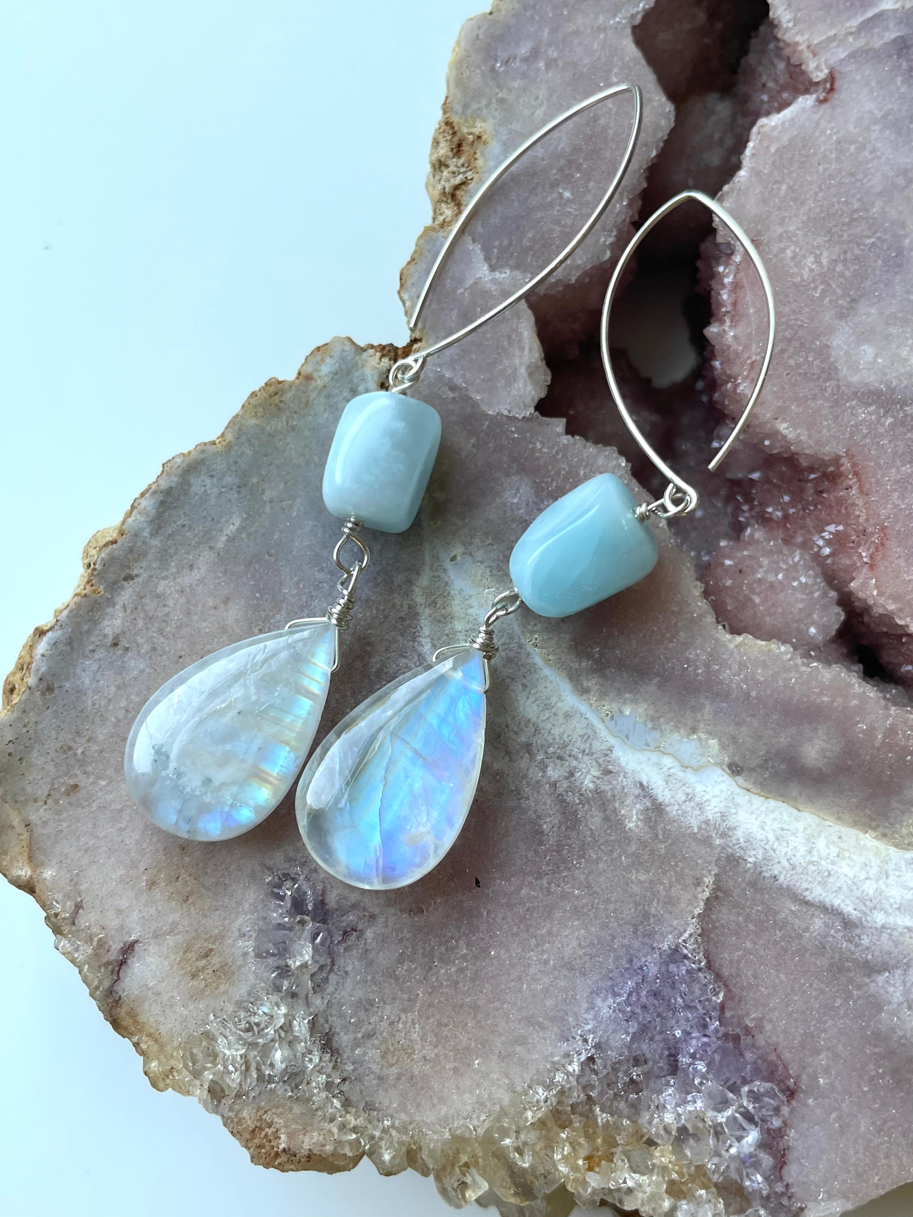 Long Larimar and Moonstone Earrings - Sterling Silver or Gold Filled Dangle Earrings for Women | Perfect for Weddings, Parties & Boho Fashion