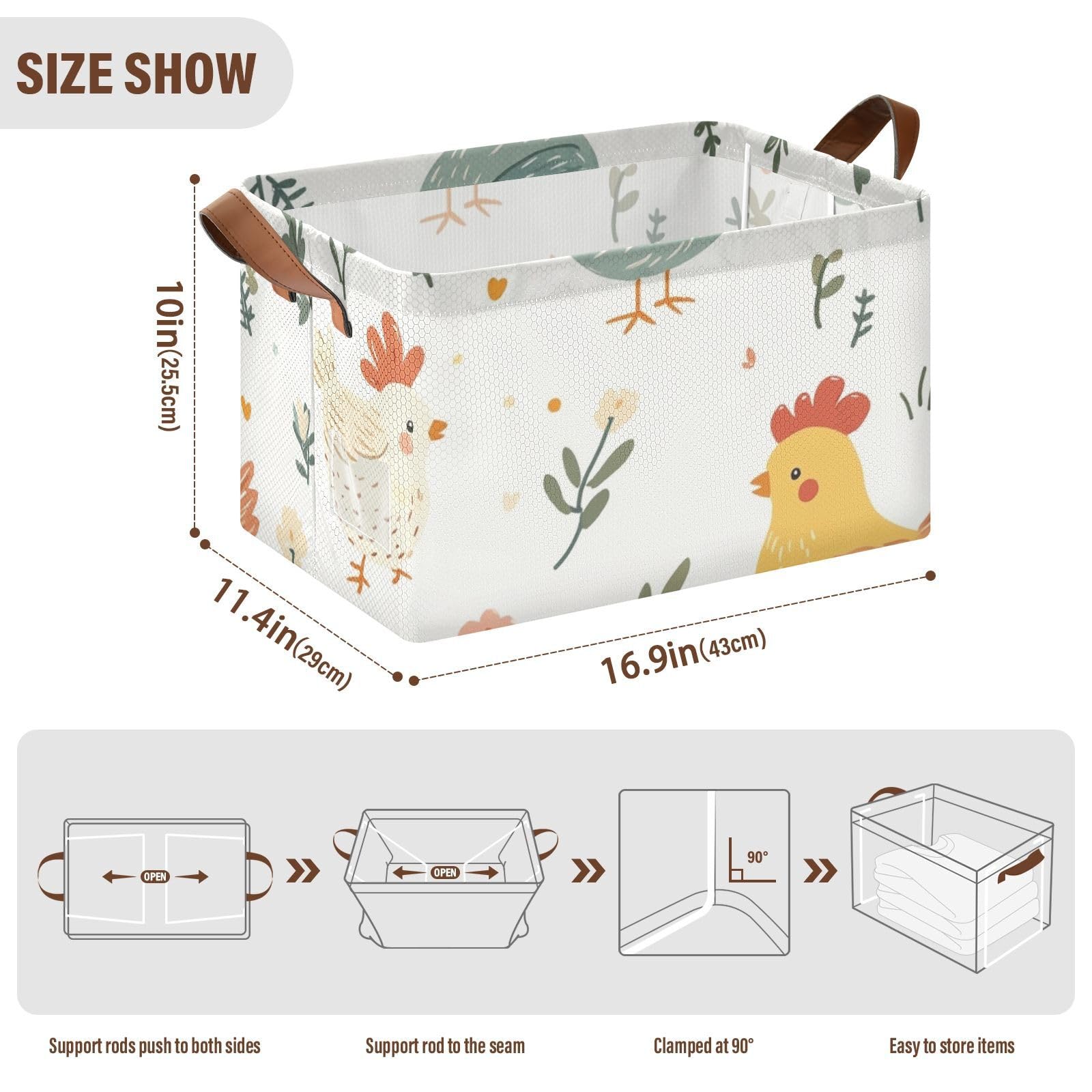 Cute Floral Chicken Cartoon Storage Bins with Handles - 2 Pack Decorative Organizer Baskets for Closet, Bedroom, Kids Room & Nursery Organization