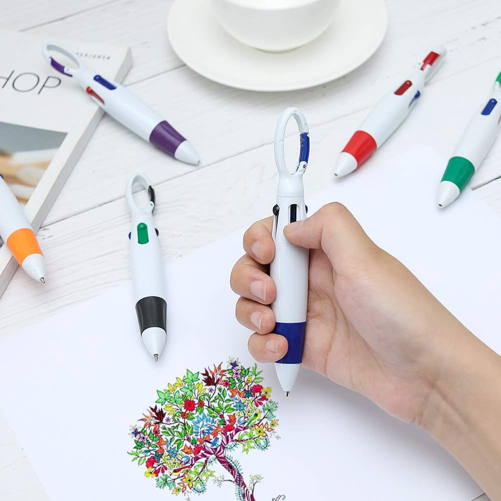 6-Pack Retractable Multi-Color Ballpoint Pens with Carabiner Keychain - 4 Neon Colors in 1 Pen, Top Buckle Clip - Perfect for Office, School, Students & Gifts - Great for Note-Taking, Journaling & Key Organization (6 Pieces)