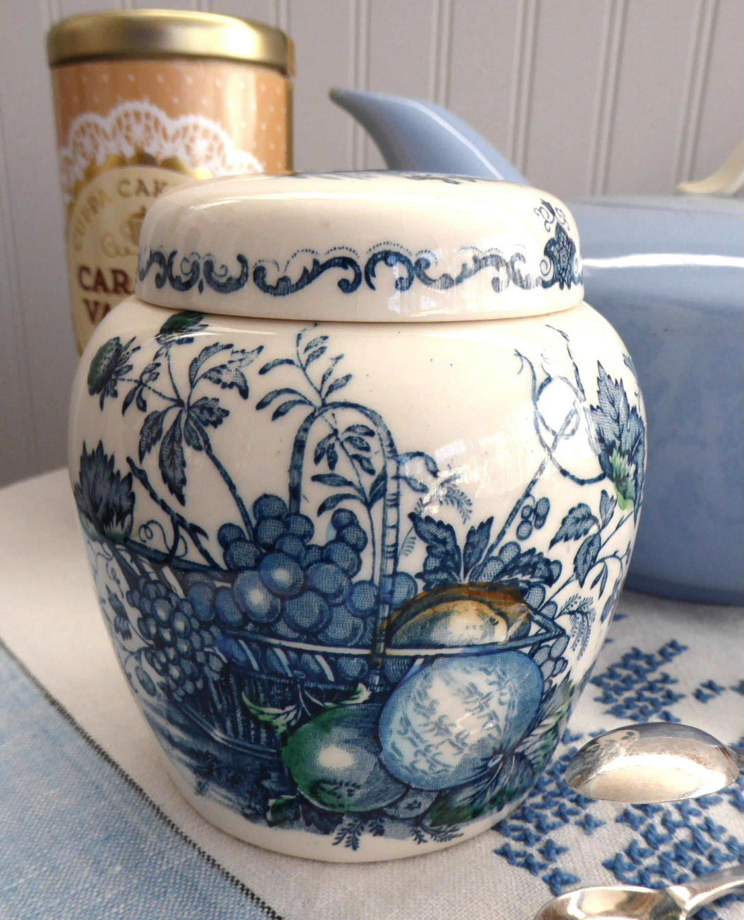 Vintage 1940s Blue Transferware Tea Caddy - Mason Jar Style Tea Canister & Ginger Jar for Tea Storage | Perfect for Kitchen Decor, Tea Organizer, and Vintage Collectibles