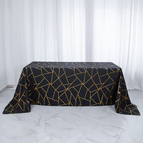 Efavormart 90x132 Black Polyester Tablecloth with Gold Geometric Pattern for Wedding Party Decor