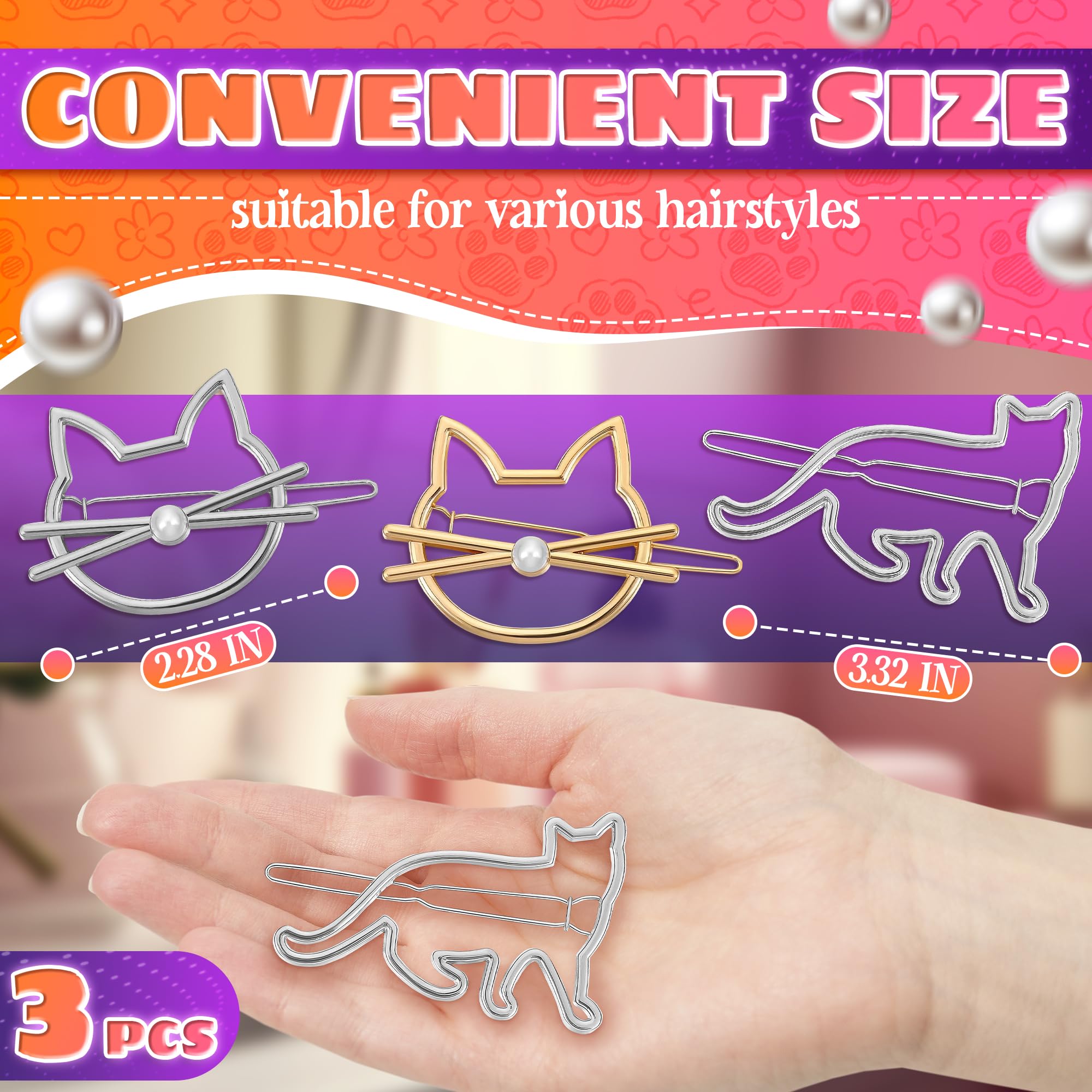 3Pcs Cute Cat Hair Clips for Women & Girls - Small Barrettes for Thin & Thick Hair, Kitty Hair Accessories & Novelty Pins - Perfect for School, Parties & Everyday Wear