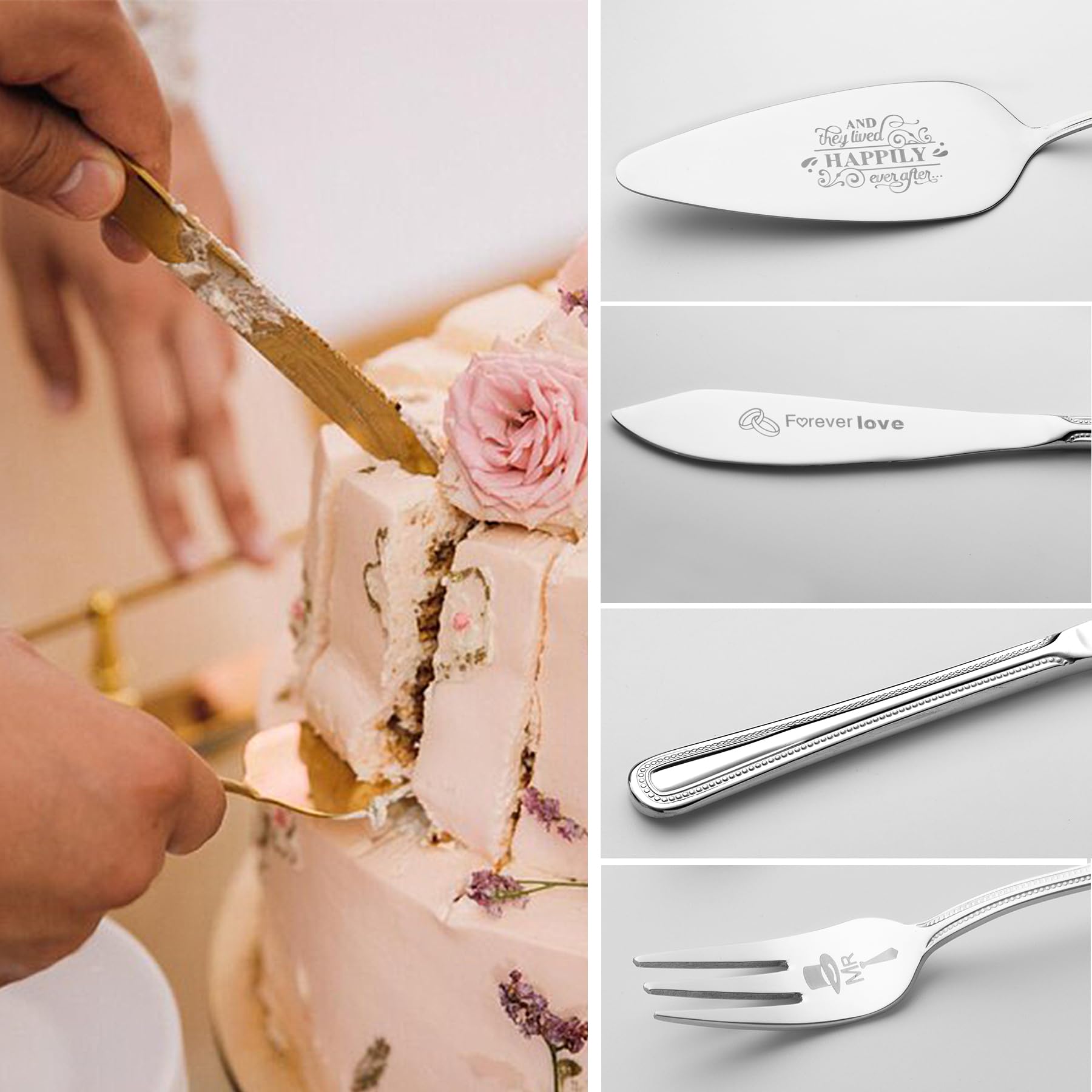 Elegant Silver Wedding Cake Cutting Set - Cake Knife & Server with Mr & Mrs Forks - Perfect for Wedding, Bridal Shower & Anniversary Gifts - Ideal for Cake Cutting Ceremonies and Romantic Celebrations