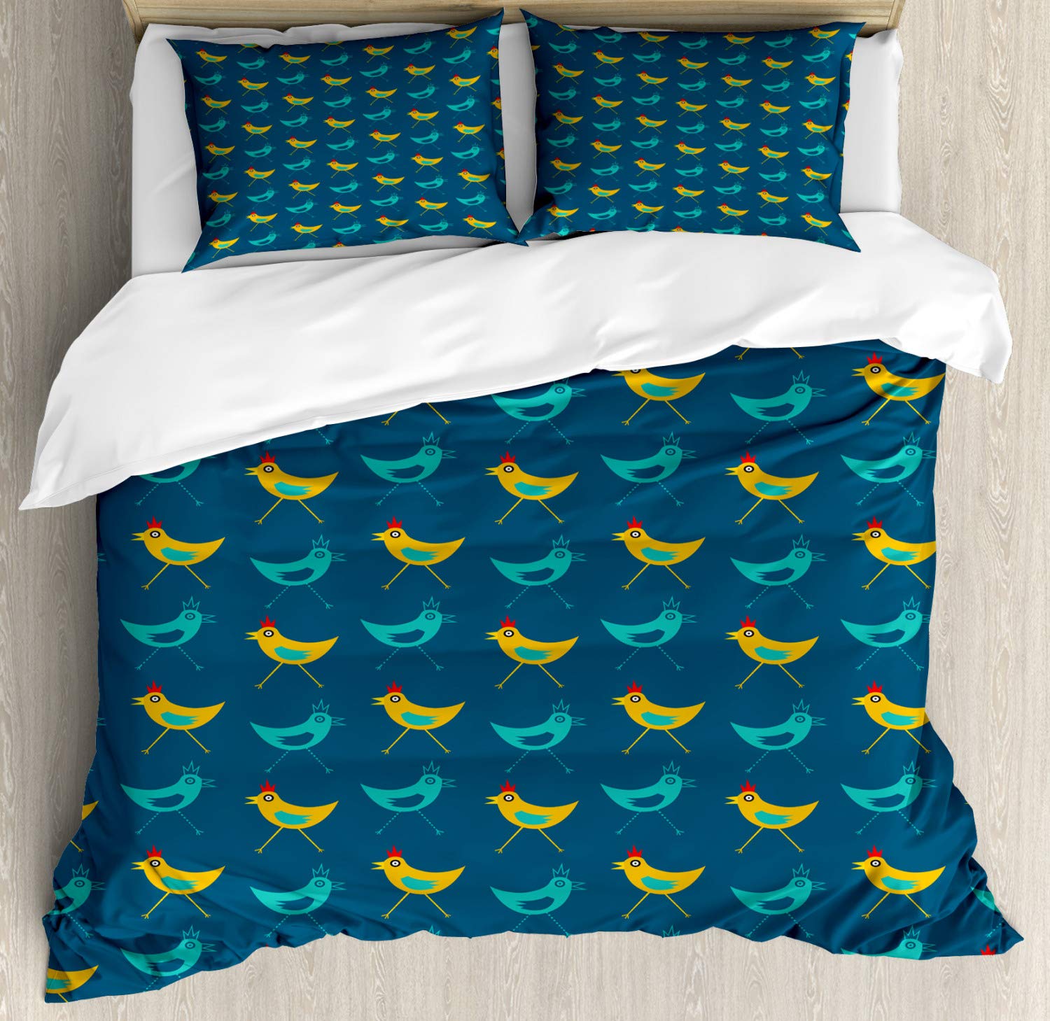 Ambesonne Yellow Bird Duvet Cover Set - Funny Abstract Chickens Pattern 3-Piece Bedding with 2 Pillow Shams, Queen Size in Sea Blue & Multicolor - Perfect for Kids' Rooms, Farmhouse Decor & Whimsical Bedroom Themes