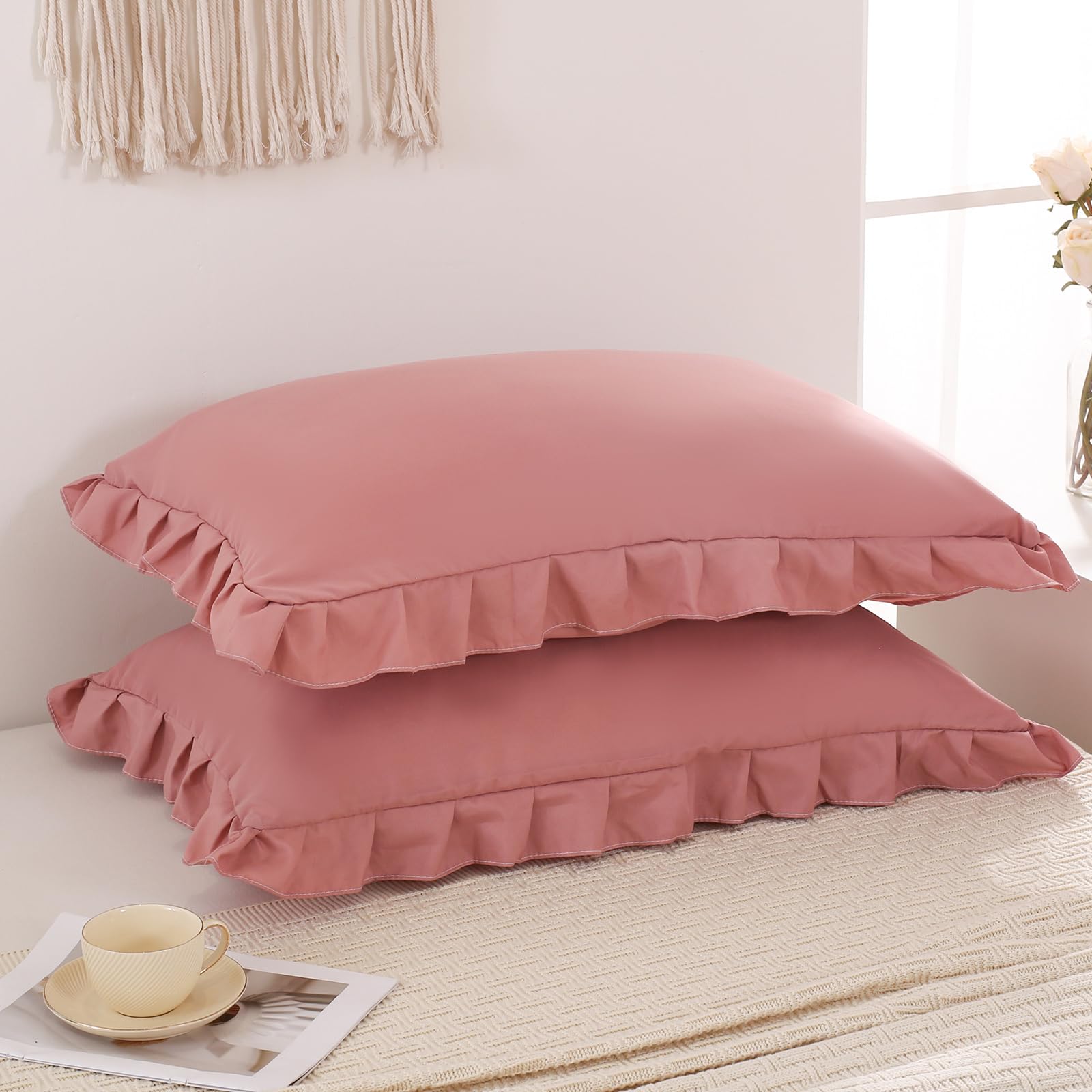 Pink Mocha Pillow Shams - Soft Ruffled Standard Pillowcase Set of 2 (Queen 20x30 Inches) - Shabby Chic Bedding, Solid Pink Pillow Covers for Cozy Bedroom Decor & Guest Room Styling