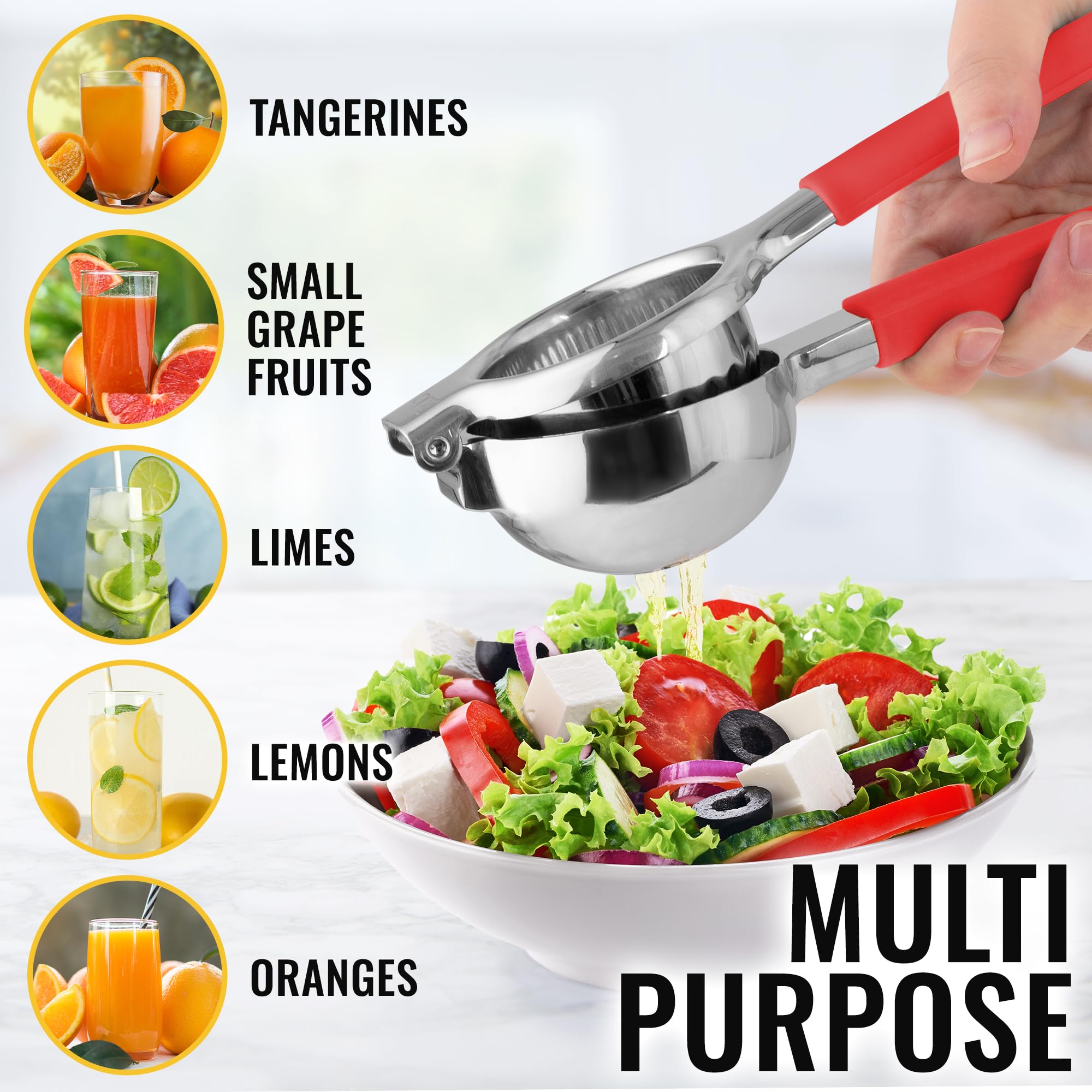Premium Stainless Steel Lemon Squeezer with Heavy Duty Metal Bowl & Food Grade Silicone Handles - Large Manual Citrus Juicer for Lime, Orange & Lemon - Perfect for Cocktails, Baking & Healthy Juicing (Red)