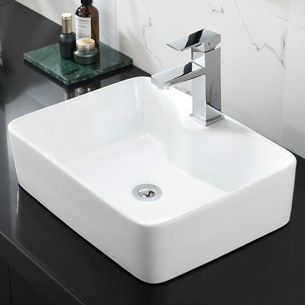 White Porcelain Vessel Sink 19x15 - Rectangular Bathroom Vanity Sink for Countertop