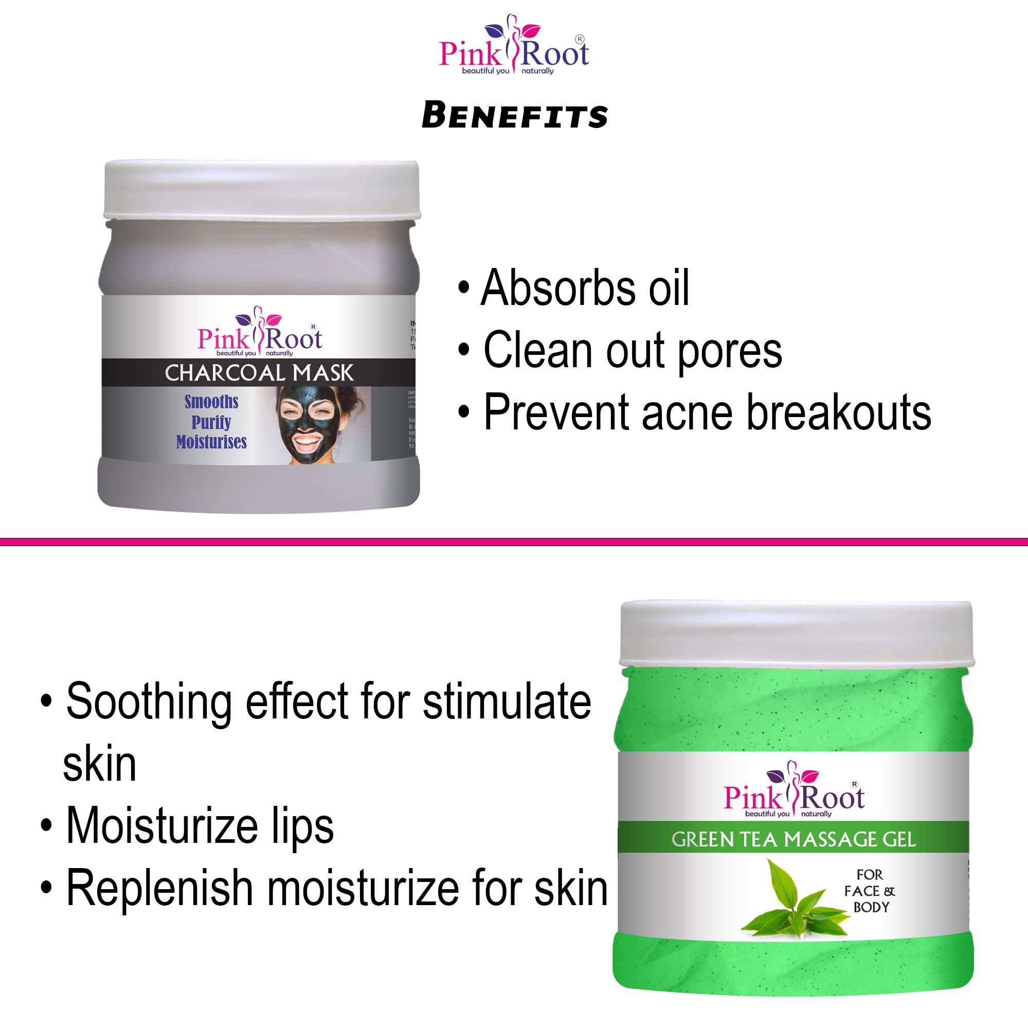 Organic Pink Root Green Tea Massage Gel & Activated Charcoal Mask Set - 500ml Each for Skin Detox & Relaxation | Spa, Facial, Body Care at Home