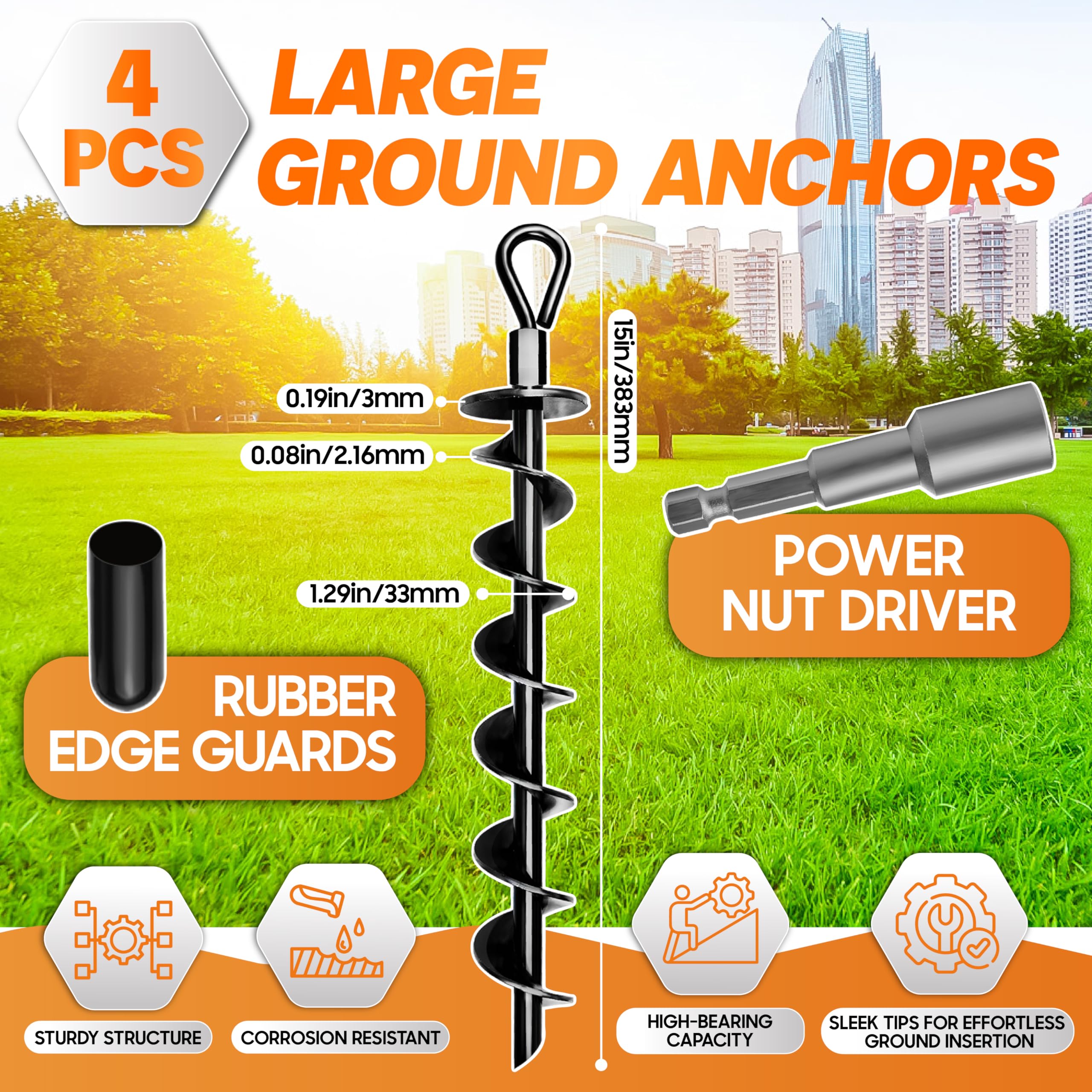 Premium 4-Pack Heavy Duty Ground Anchors with Power Nut Driver Drill Bit - Screw-In Anchors for Swing Sets, Trampolines, Tents & Canopies - Wind-Resistant Stabilizers for Outdoor Camping, Backyard Playground & Carport Protection