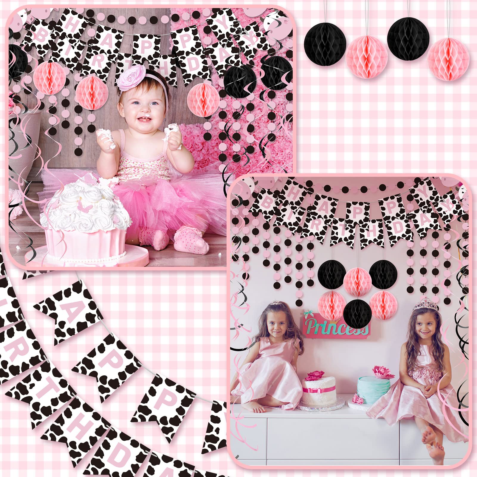 Pink Cow Themed Party Decorations Supplies - Happy Birthday Banner, Hanging Swirls, Round Paper Garland, Honeycomb Balls for Baby Showers, Kids Birthday & Farm Animal Ceiling Decor