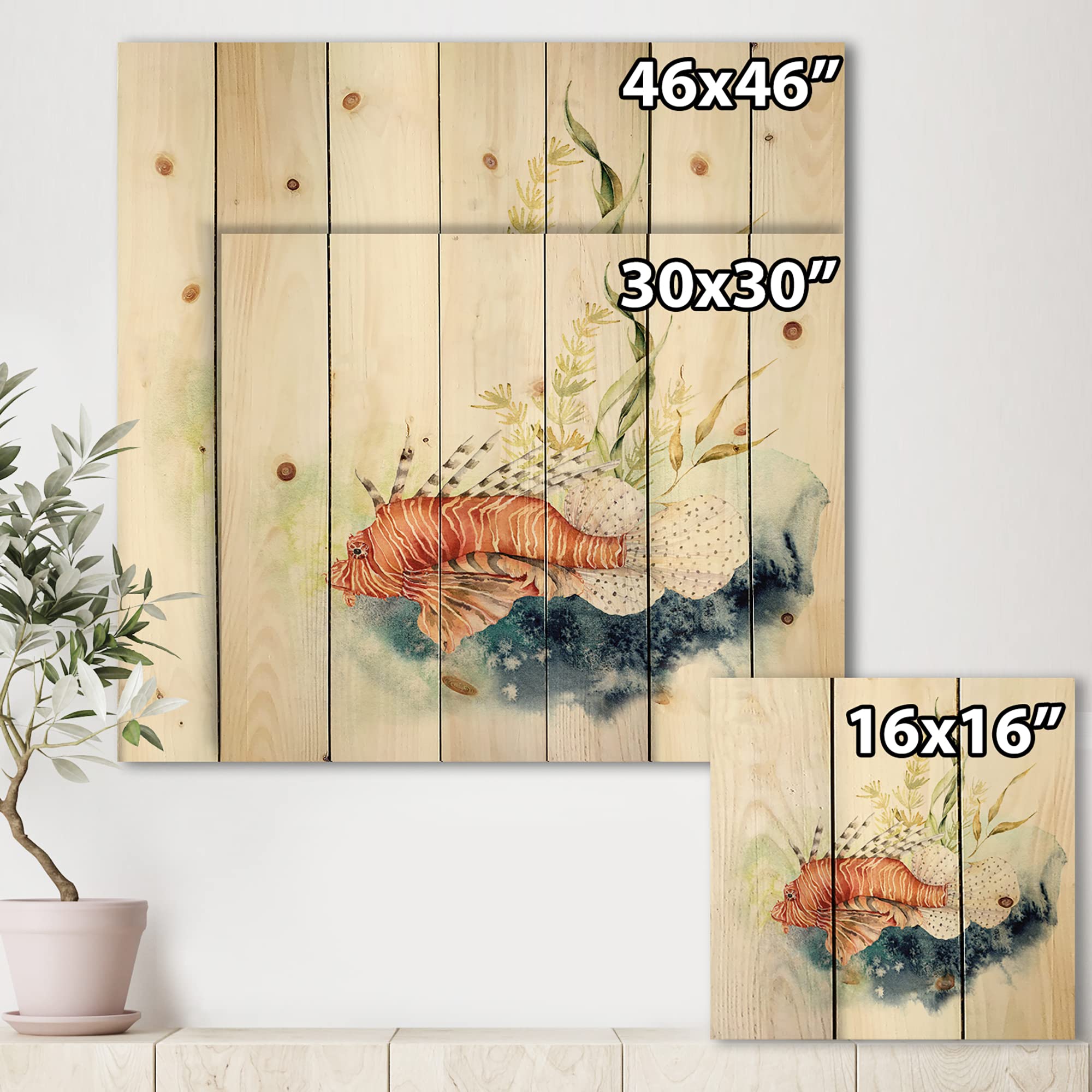 DesignQ Lionfish & Kelp Coral Reef Wood Wall Art - Coastal Nautical Decor, Large Animal Wall Panels Printed on Natural Pine Wood - Perfect for Beach House, Living Room & Office Decor