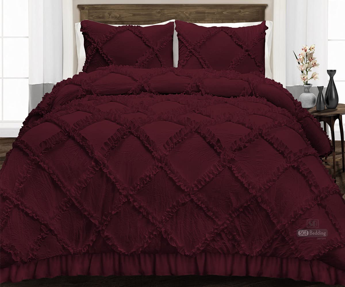 Luxury Oversized King Comforter Set - 300 GSM Plush Siliconized Microfiber Filling, 600 TC Egyptian Cotton Shell with Diamond Ruffle & Piping, Includes 2 Pillowcases | Ultra Soft & Fluffy Duvet Insert for Bedroom, Guest Room, Hotel Style Decor (Wine Red)