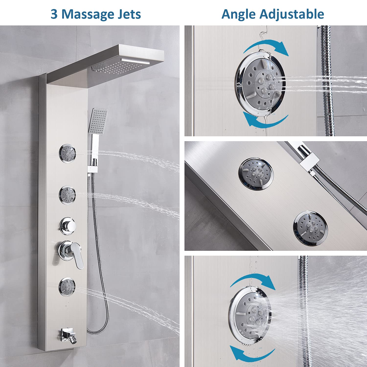 Multi-Function Shower Panel Tower System - Wall Mounted Rainfall Waterfall Shower Column with Massage Jets & Handheld Shower Head in Brushed Nickel | Perfect for Luxury Bathroom, Spa-Like Experience & Modern Home Upgrade