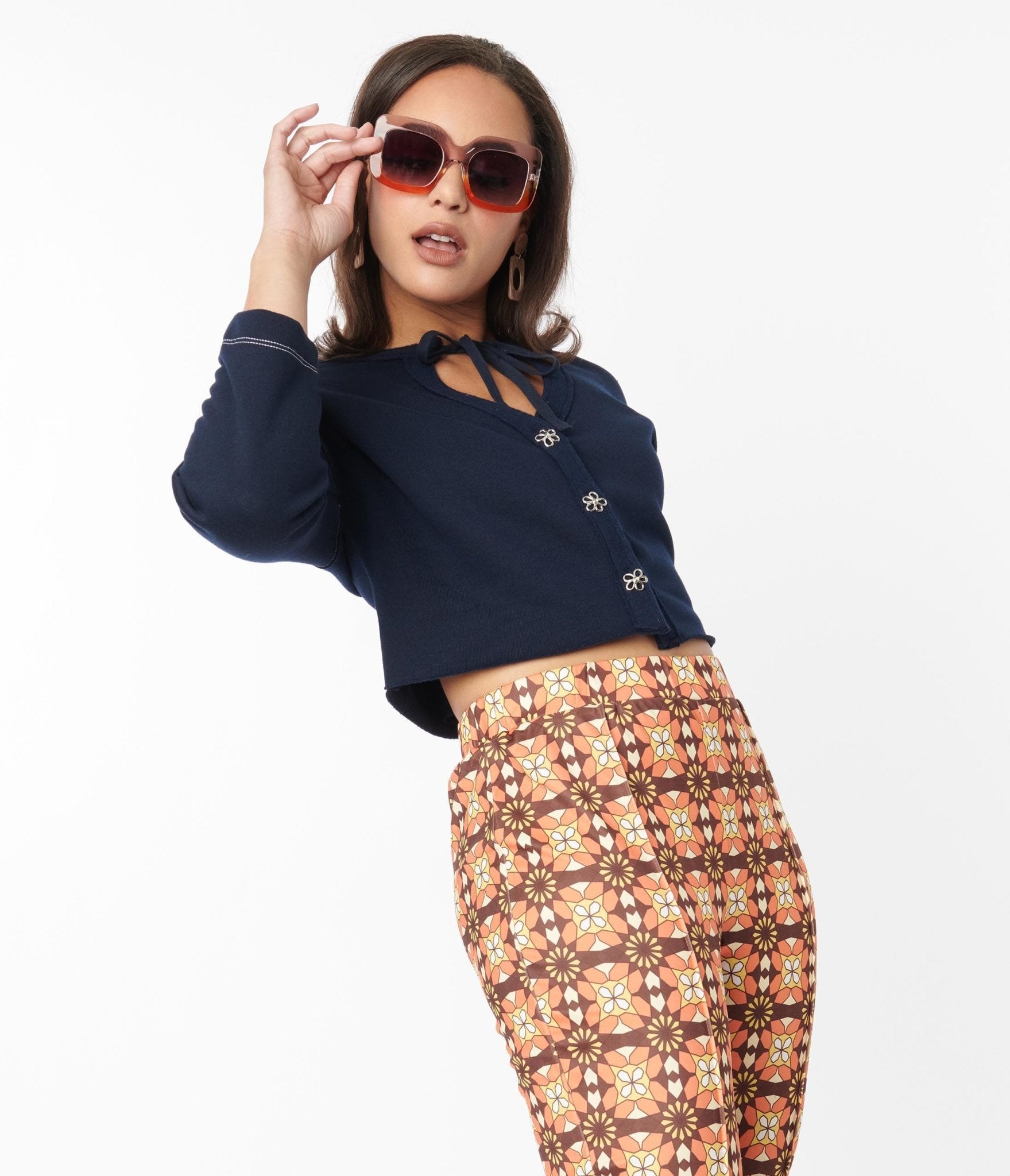 Navy Blue Floral Button Up Cropped Petunia Cardigan for Women - Perfect for Spring Outfits, Casual Wear & Layering
