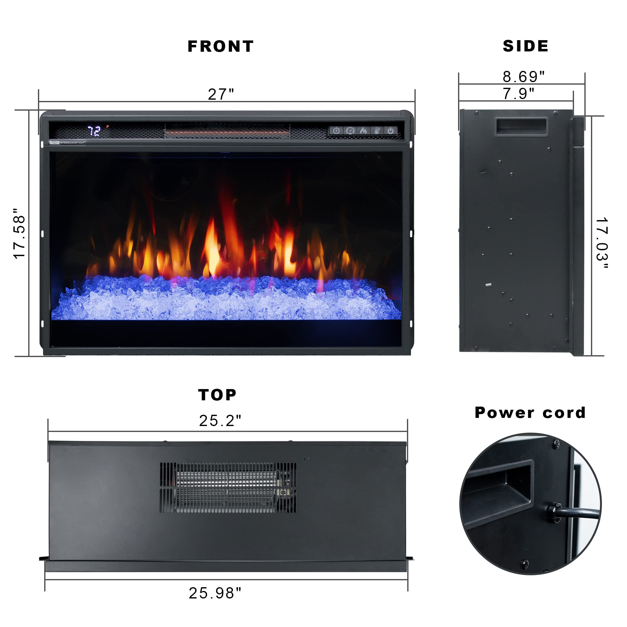 26 Inches Electric Fireplace Insert - 1500W Recessed Wall Mounted Fireplace with Remote Control, Crystal Ember Bed, Overheating Protection & Timer - Perfect for Living Room, Bedroom or Office (Black)
